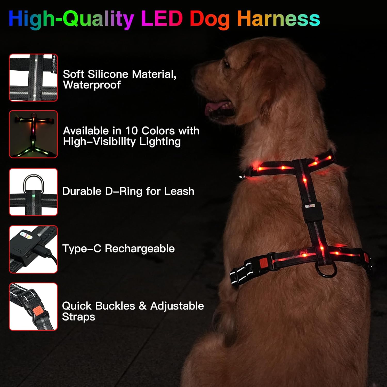 hamraba Light Up Dog Harness, No Pull Led Dog Harness with 10 Lighting Modes for Night Walking, Rechargeable Lighted Safety Vest for Medium Large Dogs，Adjustable Soft Nylon-Like Material (XL)