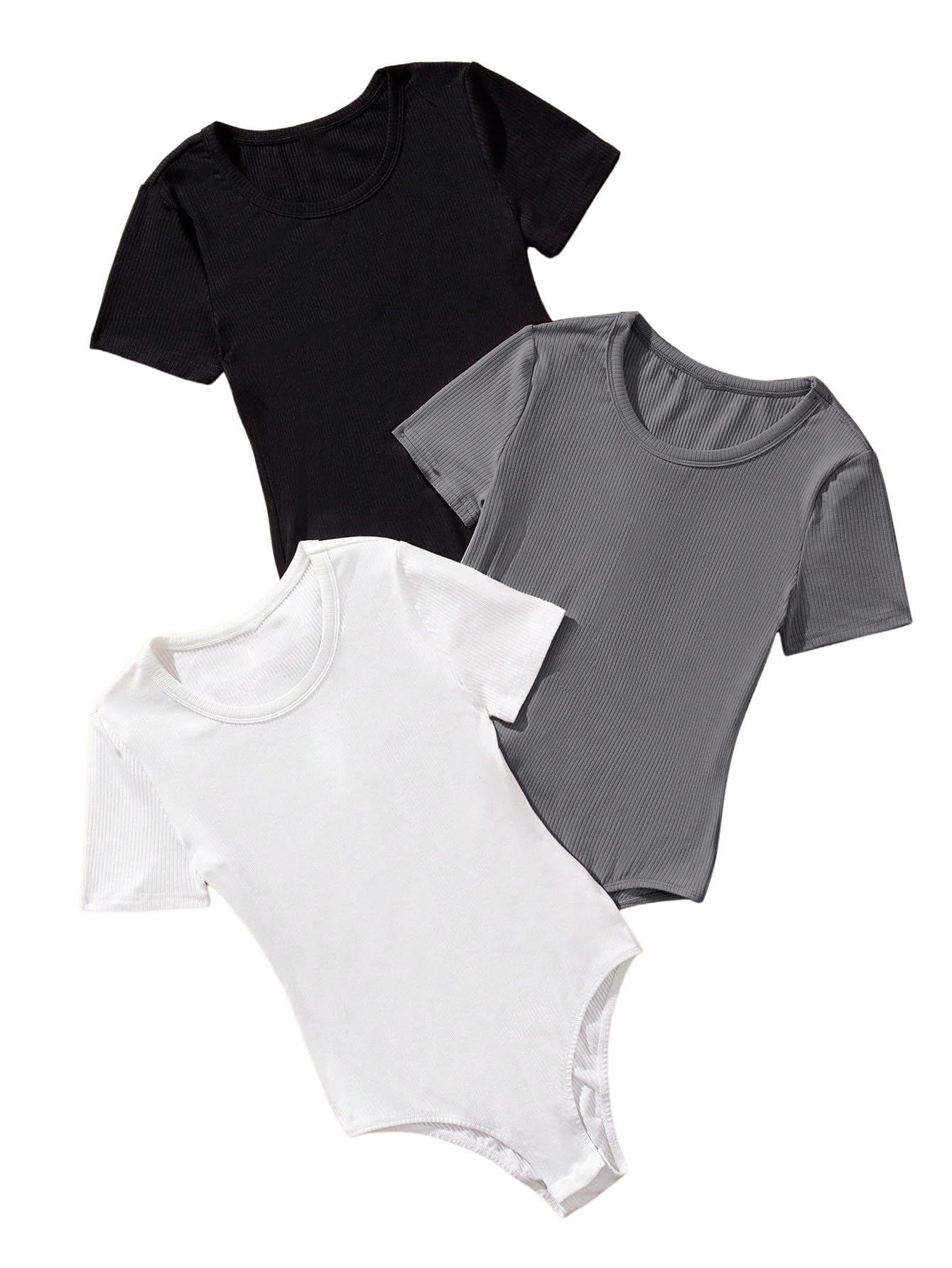 Girl's 3 Pack Bodysuits Short Sleeve Crew Neck Ribbed Dance Leotards Sets