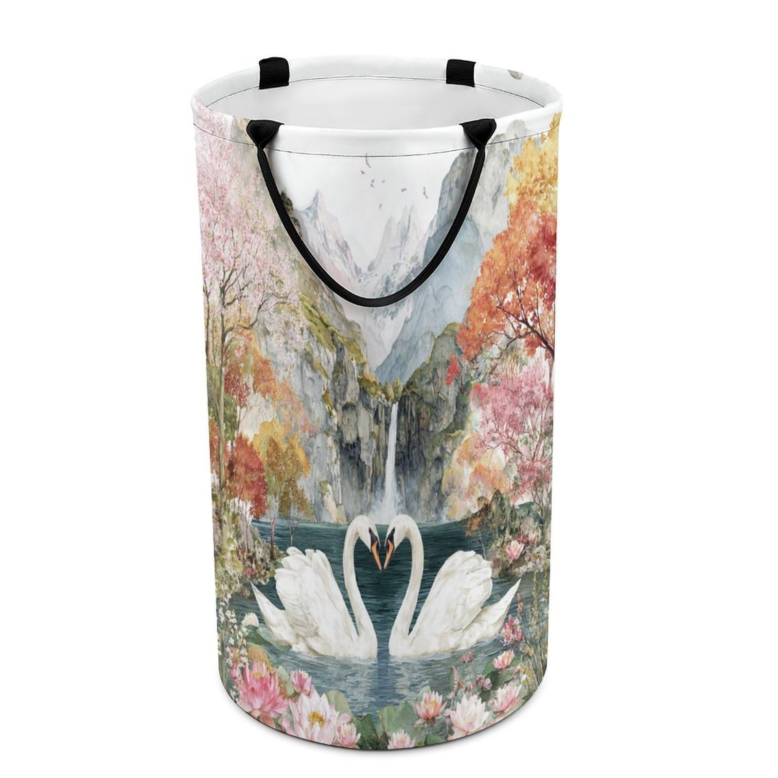LUYYSKY Beautiful Elegant Swans Couple Collapsible Dirty Clothes Basket, Vintage Abstract Waterfall Plants Lotus Flowers Animals Swans Portable Clothes Storage Basket