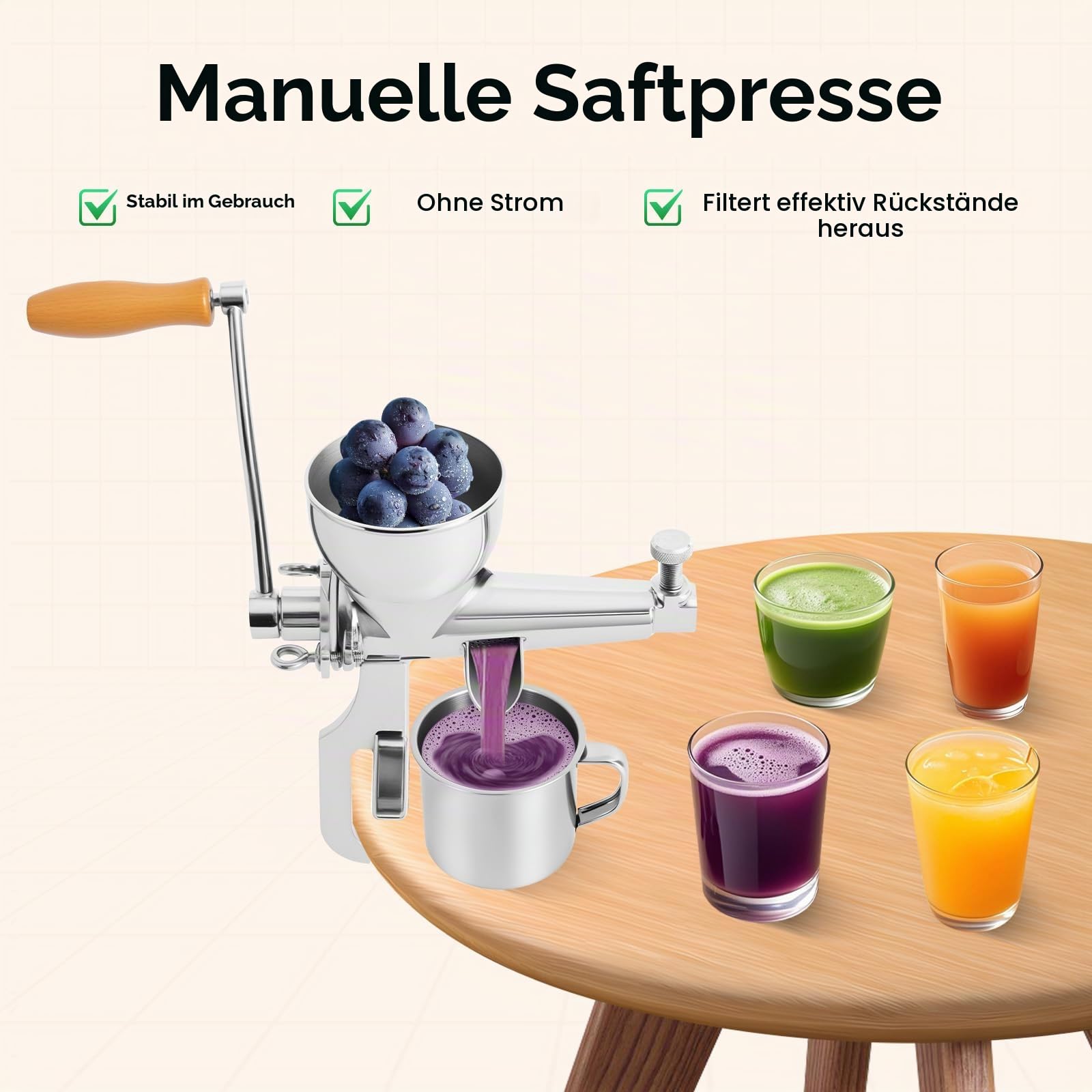 Weizengras Saftpresse Manuell Entsafter Obst Gemüse Handpresse mit Sieb und Reinigungsbürste, Edelstahl Weizengraspresse Manuell Beerenpresse für Weizengras, Sellerie usw