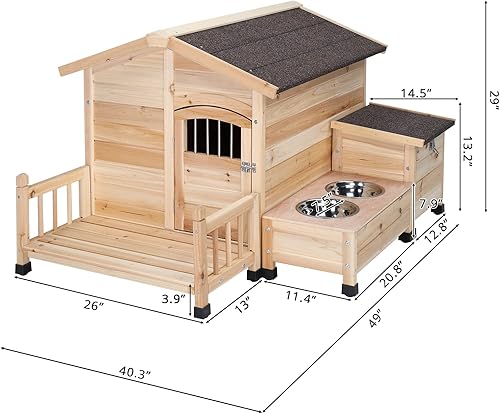 Miniatura 5 de Taivoze Casa de madera para perros perrera con cuencos de alimentación refugio para mascotas con techo de asfalto resistente a la intemperie y al