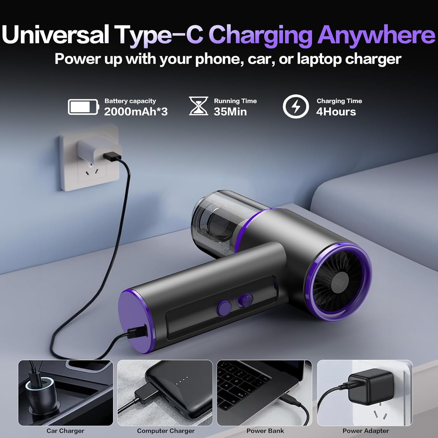Cordless Car Vacuum Cleaner, Handheld Vacuum with 100-Level Adjustable Suction, High Power Portable Vacuum for Car & Home, Quiet Rechargeable w/Type-C Fast Charge, Blower & Light
