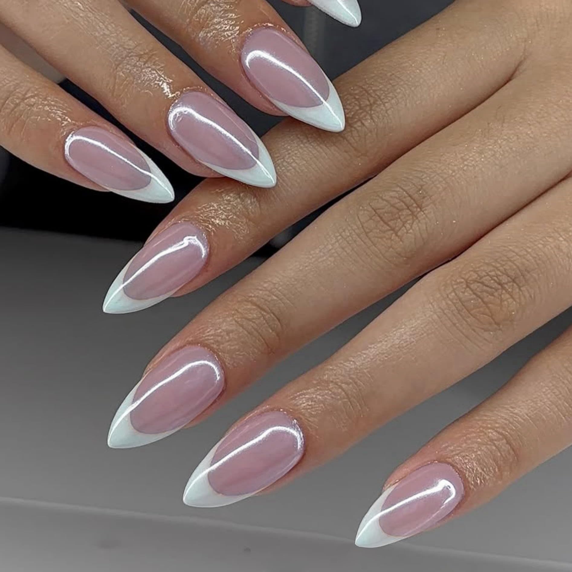 KQueenest Chrome White French Tip Press on Nails Almond Medium Glazed Glitter French Tip False Nails Medium