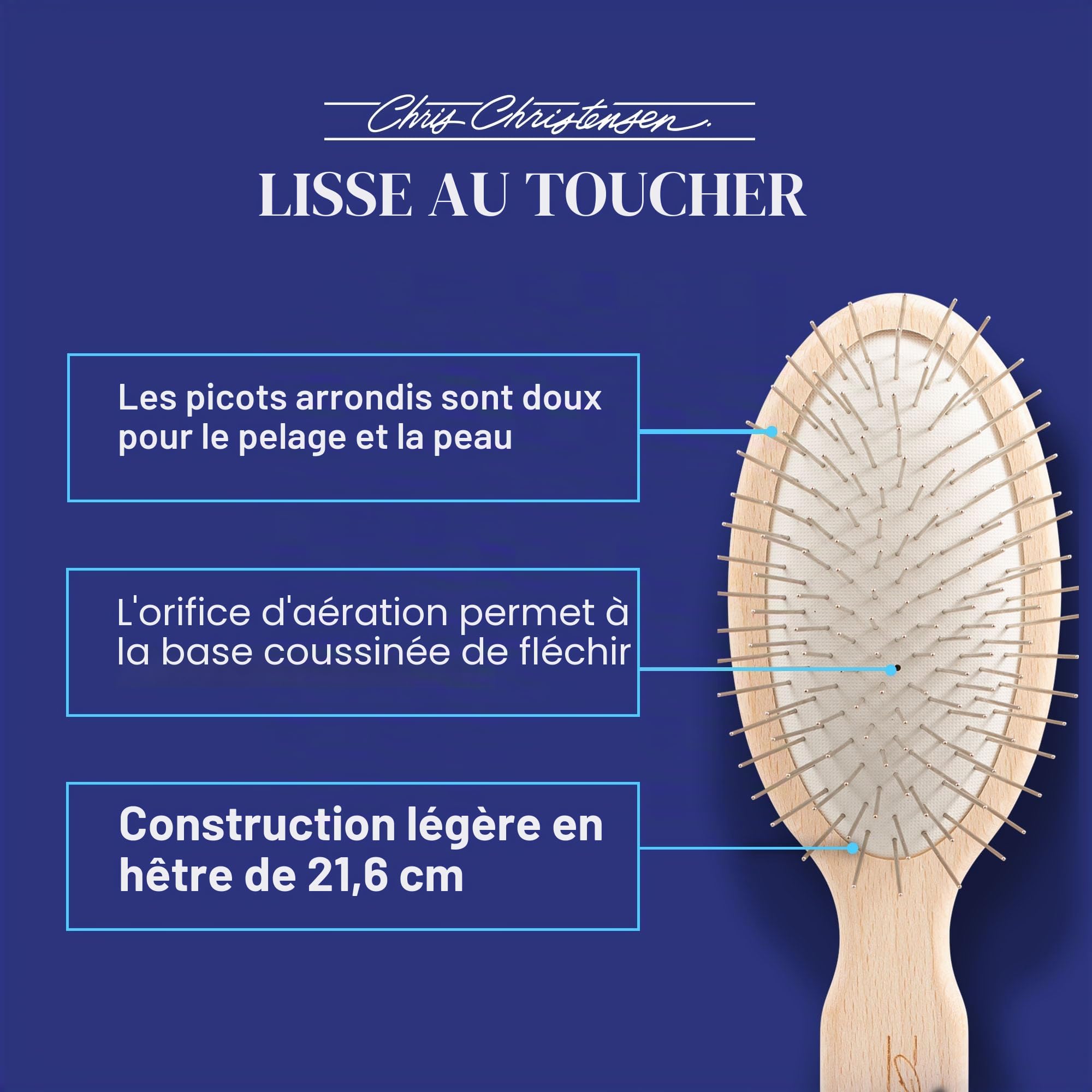 Chris Christensen Brosse pour chien ovale de 27 mm - Série originale - Groom Like a Professional - Broches en acier inoxydable - Corps en bois de hêtre léger - Pointes polies et polies