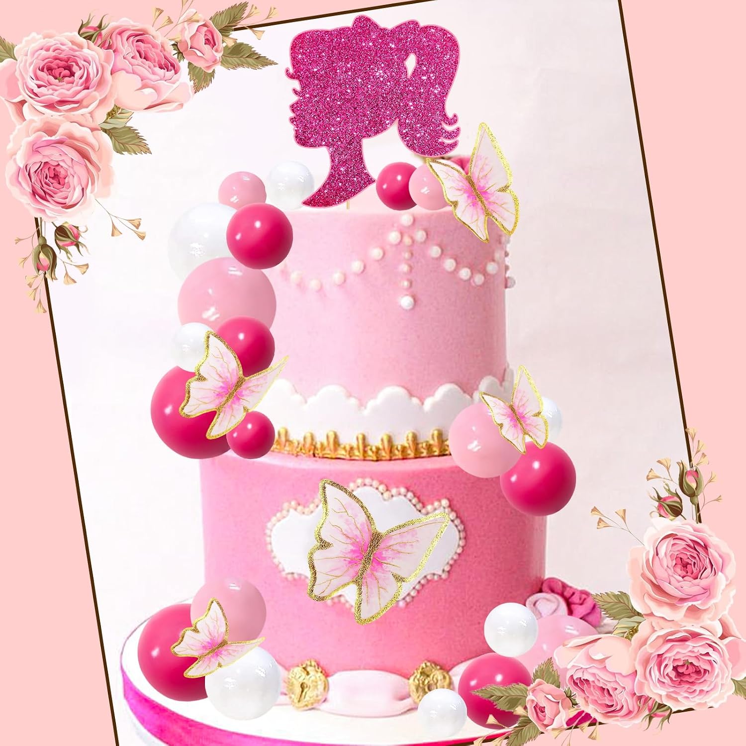 MEMOVAN Hot Pink Girl Cake Toppers 27pcs Pink Ball Butterfly Cake Decoration Princess Theme Cake Decoration for Boho Girls Princess Theme Wedding Baby Shower Birthday Party Supplies