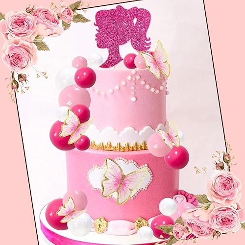 Miniatura 3 de MEMOVAN Decoración para tartas de niña rosa intenso, 27 unidades, bola rosa, mariposa, decoración de tartas para niñas, decoración de pasteles para
