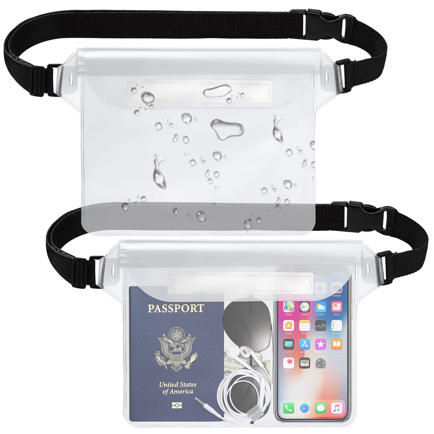 Hatisan Waterproof Pouch with Waist Strap, Waterproof Fanny Pack Keep Phone Valuables Safe and Dry Beach Accessories for Vacation Boating Swimming Snorkeling Kayaking Pool(2 Pack, White)
