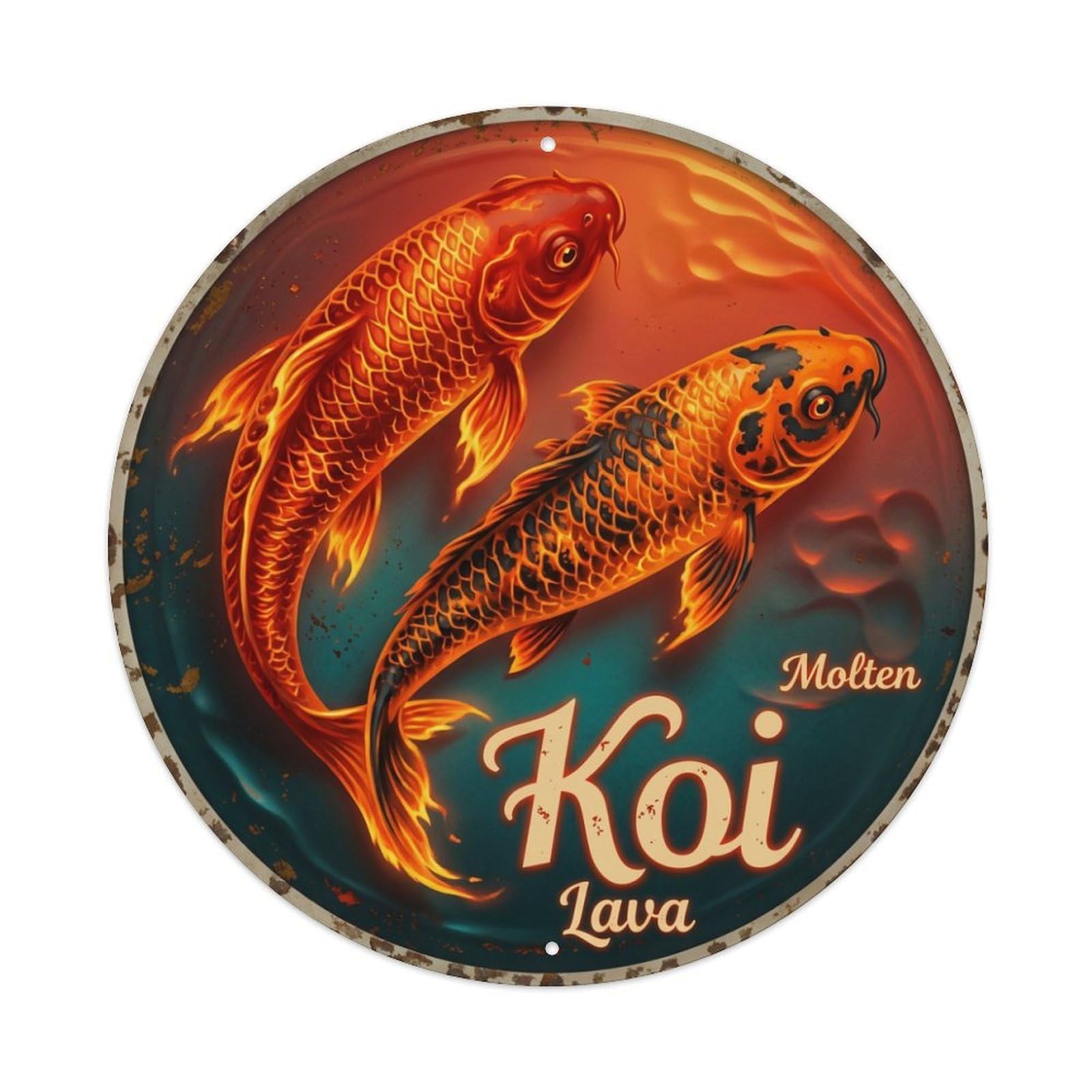 Xanthor Style Koi Fish Molten Lava Volcanic Waters Metal Tin Sign