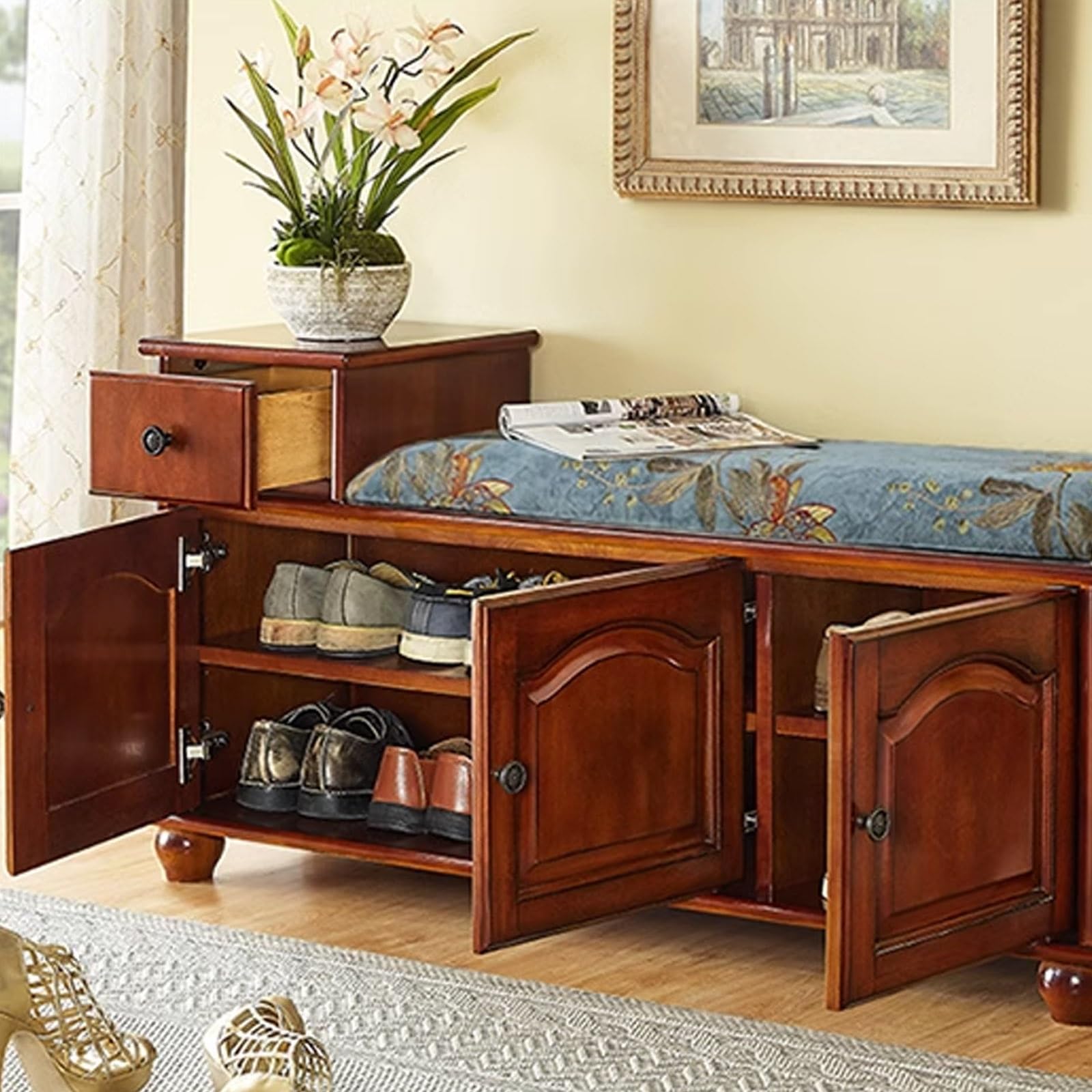 Banco Zapatero con Asiento con Cajón Hecho de Madera Maciza Almacenamiento Oculto para Entrada, Pasillo, Baño(80 * 35 * 60cm)