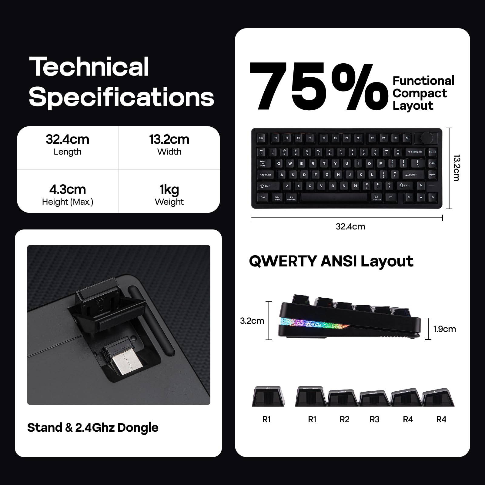 EPOMAKER HE75 V2 Teclado Gaming de Efecto Hall, Sondeo de 8K & 0,1ms, 8000mAh, 2.4GHz/BT, Teclas Intercambiables, Perilla, Activación Ajustable de 0,005mm, Disparo Rápido, Cremoso y Thocky (Negro)