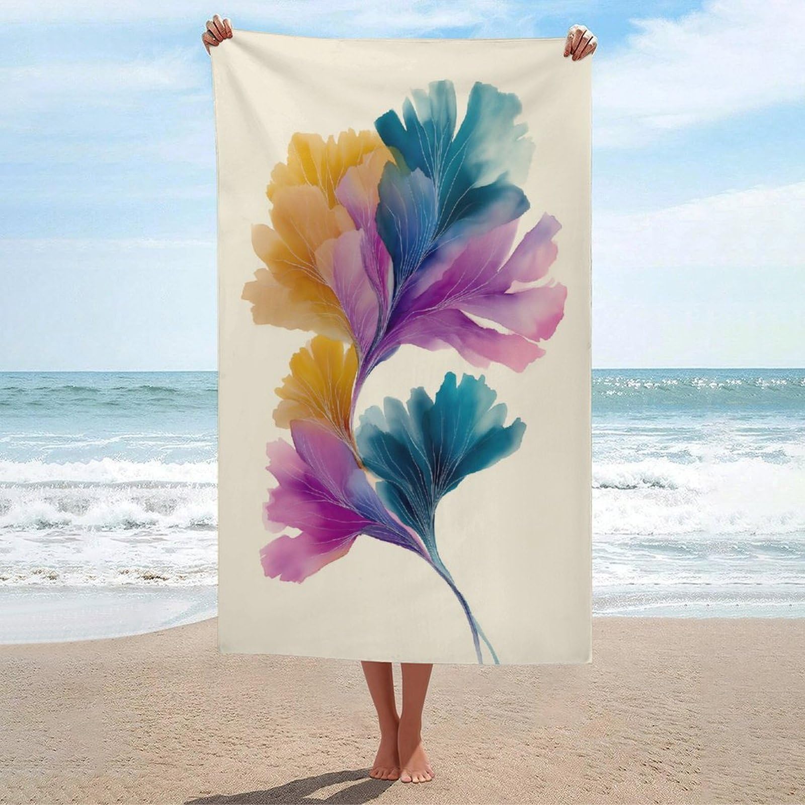 LSRCPD Watercolor Abstract Botanical Flowing Organic Beach Towel Sand Free Microfiber Large Shower Towels Multipurpose Absorbent for Bathroom Pool 130x80 CM