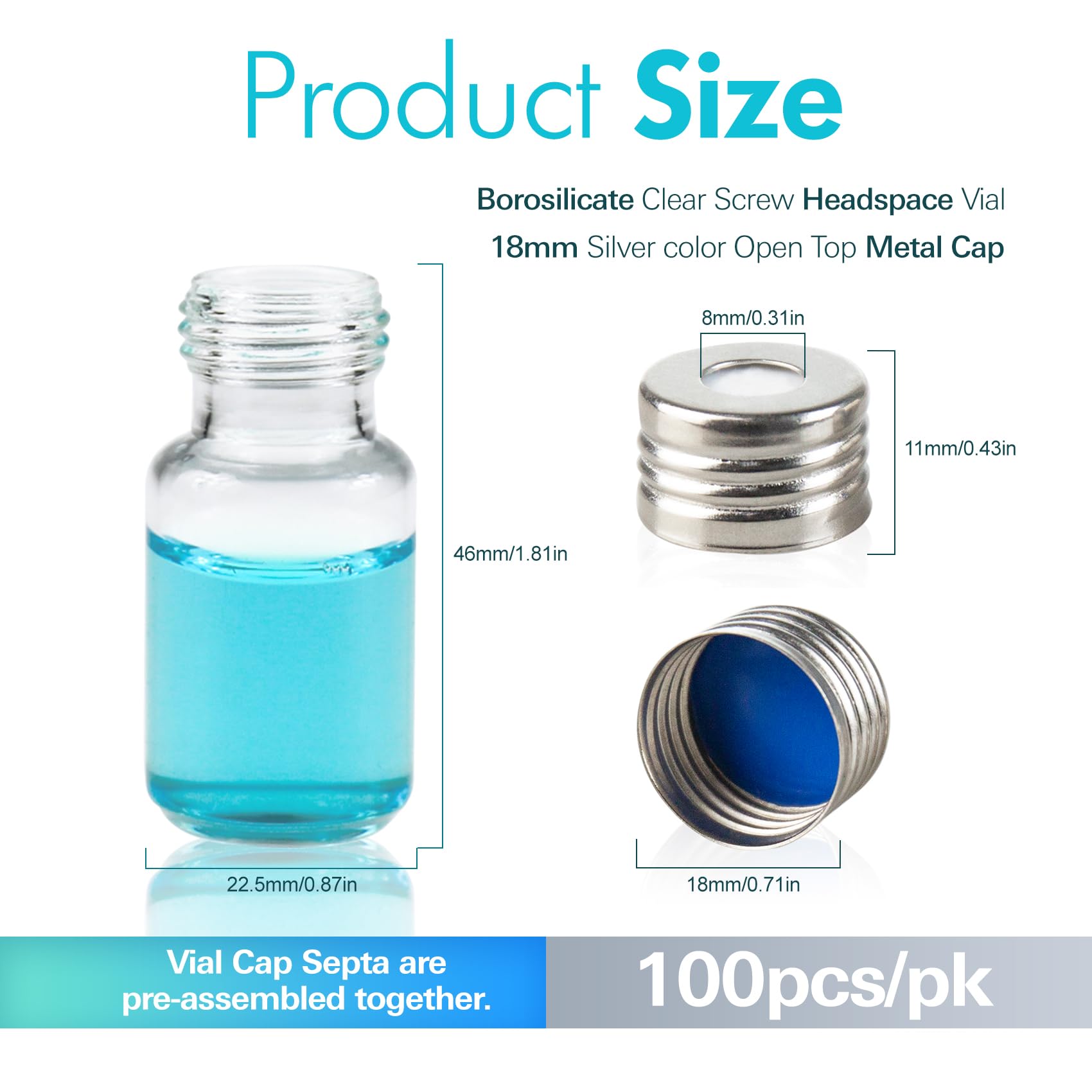 ALWSCI 100 Stück 10 mL Headspace-Probenflasche, Borosilikat-Klarglas Headspace-Vial, 18 mm magnetischer Präzisions-Open-Top-Schraubverschluss mit blauer PTFE/weißer Silikonauskleidung