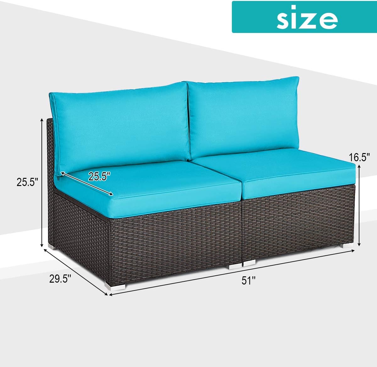 RELAX4LIFE 2-Piece Rattan Armless Sofa - Patio Wicker Sectional Conversation Sofa Set with Removable Cushions, Heavy-Duty Steel Frame, Outdoor Furniture Set for Garden, Backyard, Poolside (Turquoise)