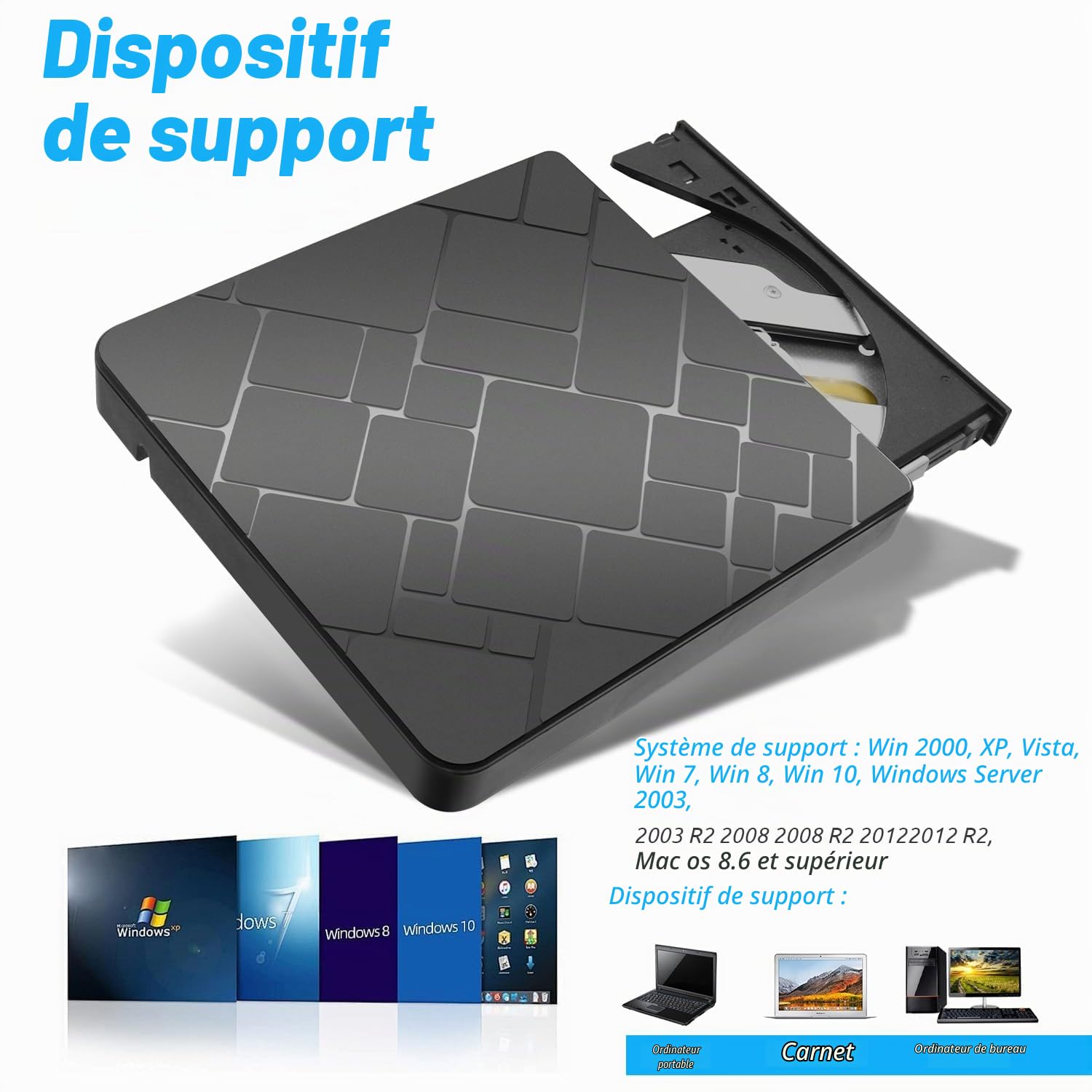 Lecteur Blu Ray Externe - Portable Lecteur Blu-Ray Externe USB 3.0 et Type-C Lecteur Blu Ray 3D Graveur BD Lecteur CD DVD Drive Player, Slim Optical Bluray Drive Reader pour Windows XP/7/8/10/11