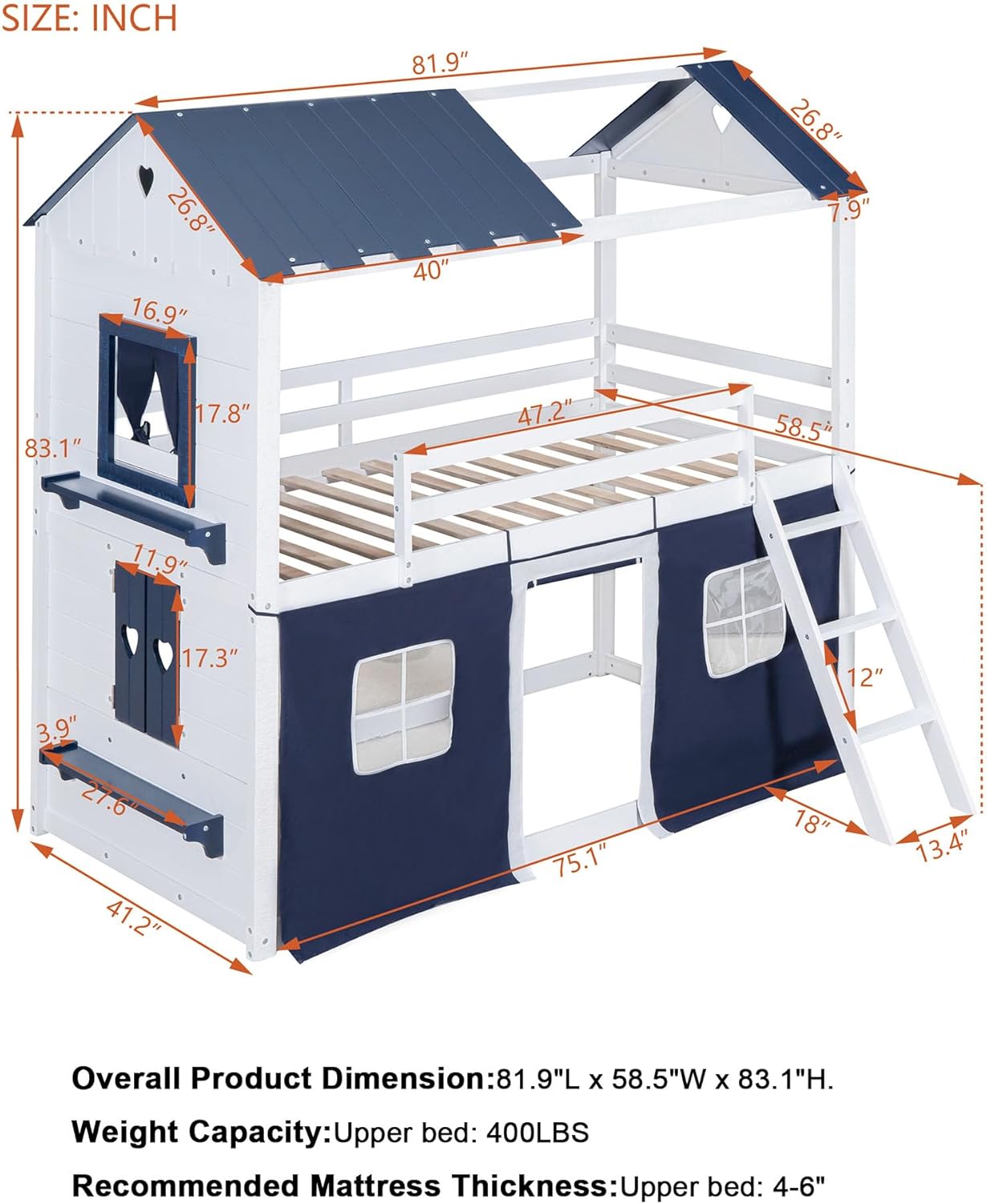 Dimensions of Linique Twin Size Bunk Wood House Bed