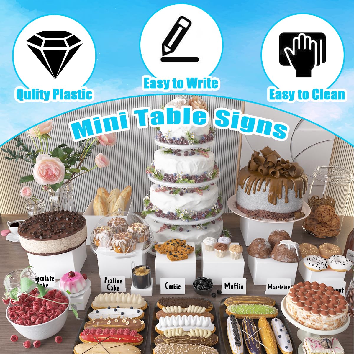 Lot de 6 rehausseurs de buffet, 3 x 4 x 5 x 6 x 7 x 8 pouces, blanc, acrylique, avec 6 mini panneaux de buffet, présentoir de table à dessert avec fonds creux, supports empilables