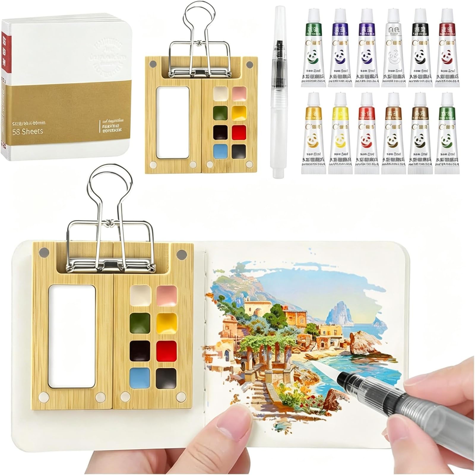 5 Mini Aquarell Travel Set, 8-Fächer Pocket Aquarell Set aus Bambus, Tobios faltbares Aquarellset, für Maler, Künstler und Studenten (inkl. Skizzenbuch, Palette, Metallklammer, Pinsel, Farben)
