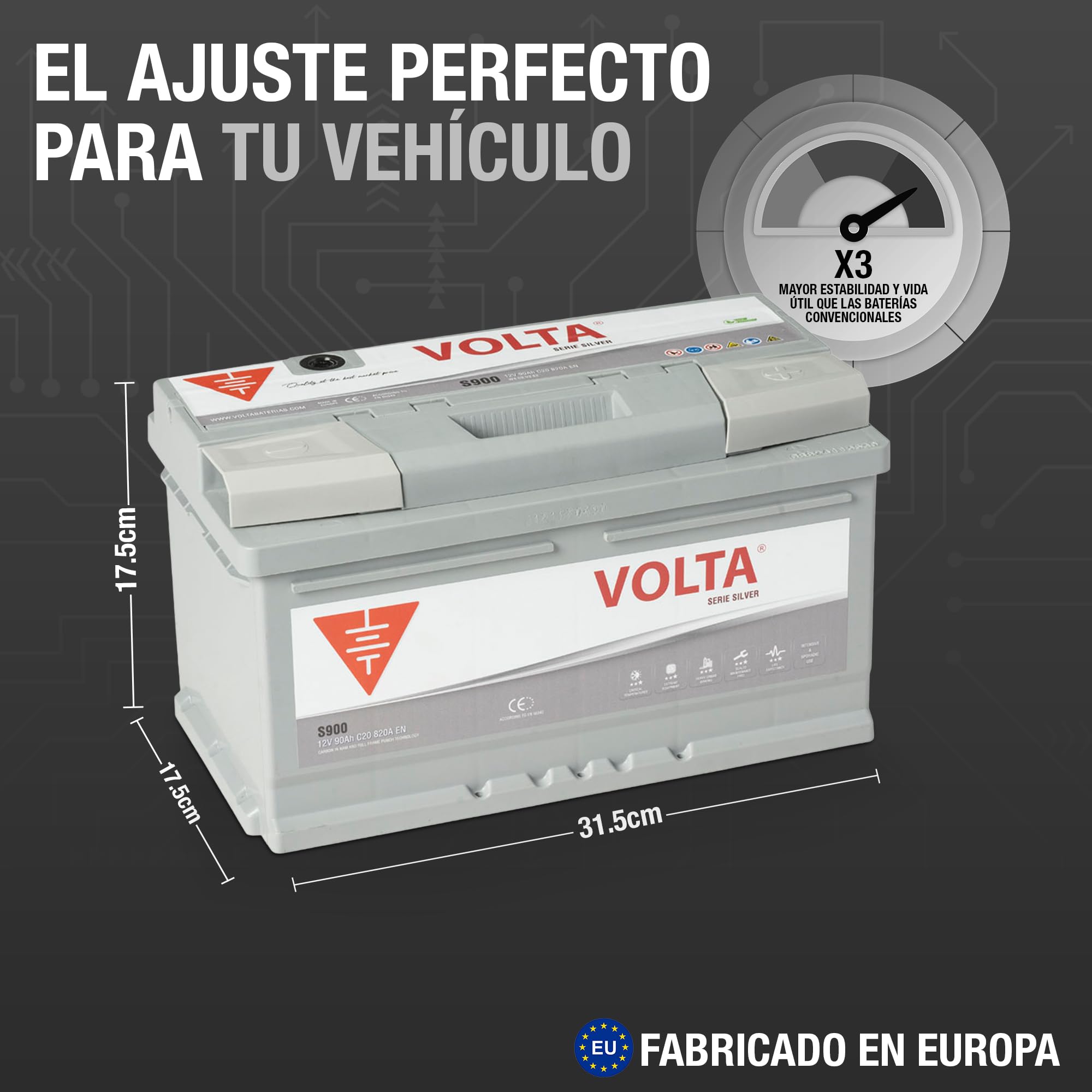 Bateria de Coche 90Ah 820A - Volta Silver S900D - Borne +Dcha - Medidas Largo 315 x Ancho 175 x Alto 175 mm con 2 años de Garantía - Fabricación Europea.