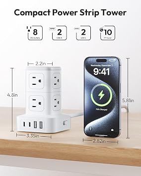Tower Power Strip 10 FT, NTONPOWER Desk Mountable Charging Station, 8 AC Outlets with 4 USB Ports (2 USB C), for Home Office Dorm, White
