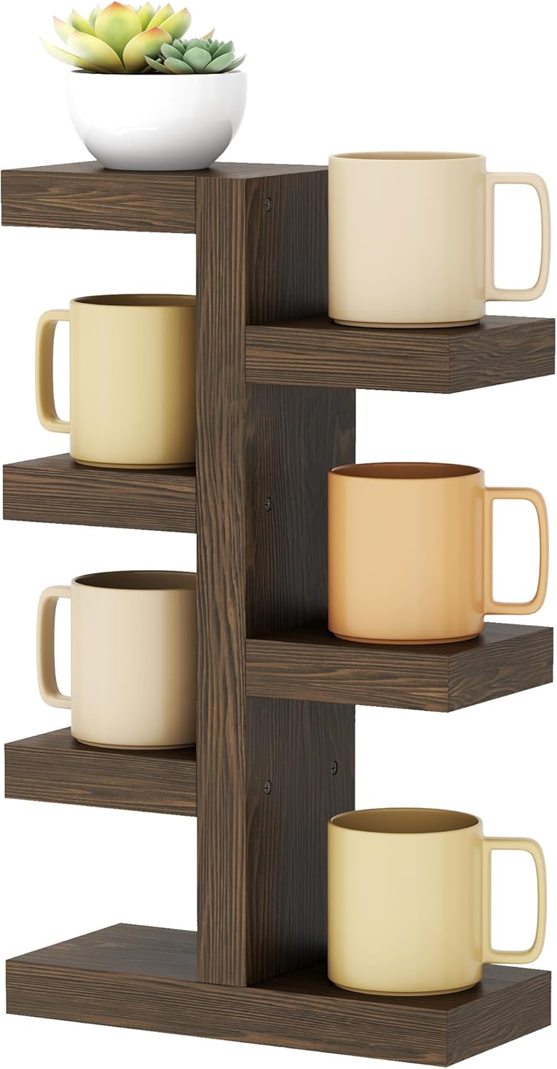 NiHome Coffee Mug Shelf Organizer - Vintage Distressed Wood Countertop Coffee Cup Holder, Holds 7 Mugs, Sturdy Mug Rack with Non-Slip Feet, Mugs Display Shelf, Curio Shelf, Knick Knack Shelf