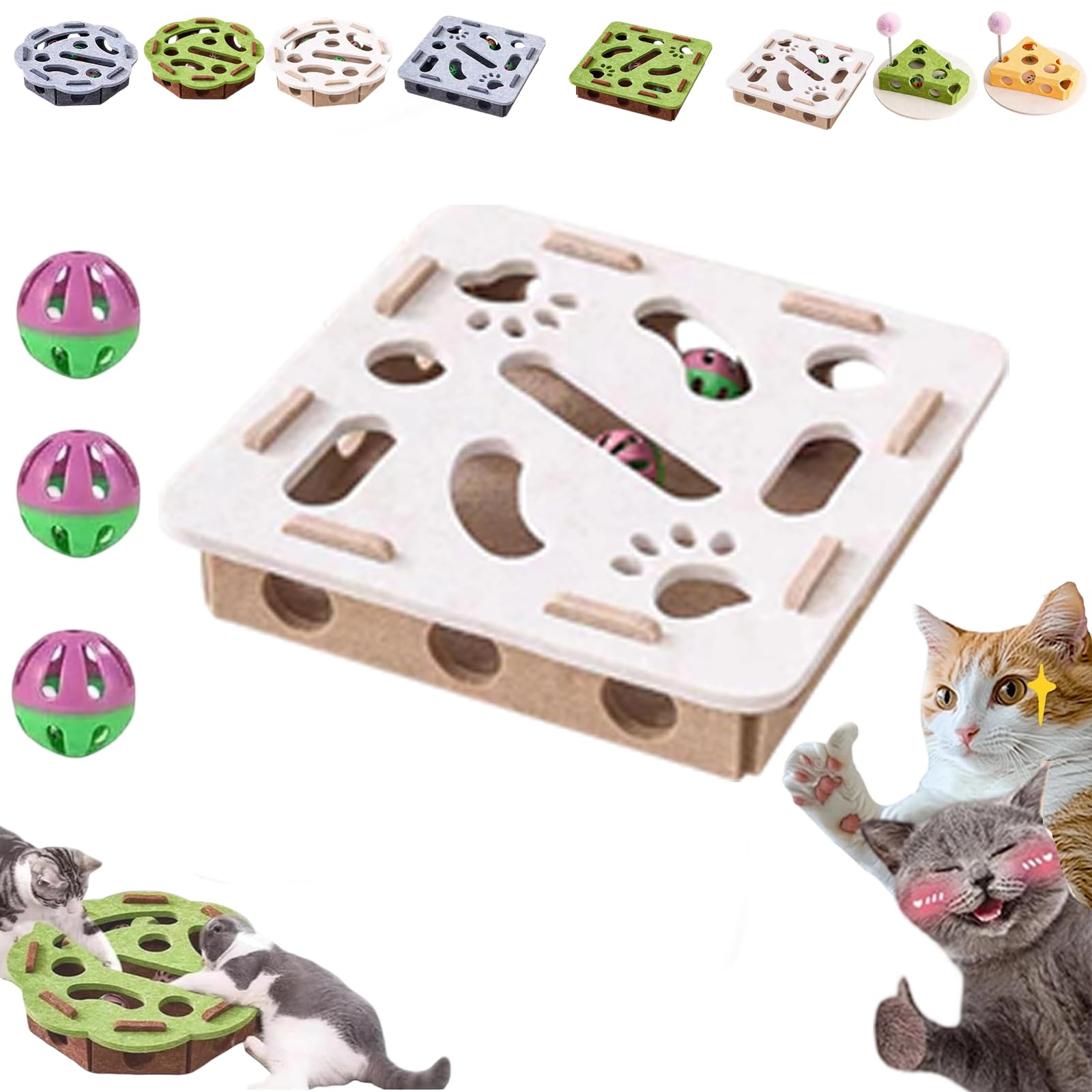 3 in 1 Cat Nail File Enrichment Box with Bell Ball & Sandpaper Inside, 2026 New Felt Maze Cat Toys, Cats Puzzle Enrichment Box with Scratcher, Cat Toys Interactive for Indoor Cats (White, Square)