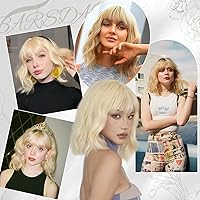 Vista 4 de BARSDAR Peluca rubia corta ondulada con flequillo, pelucas cortas onduladas de 14 pulgadas para mujer, pelucas sintéticas suaves hasta el hombro