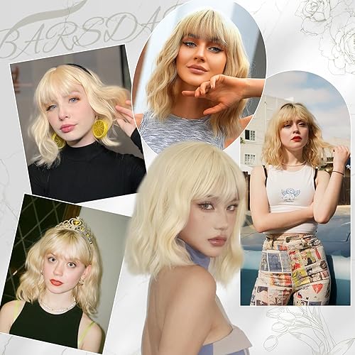 Miniatura 4 de BARSDAR Peluca rubia corta ondulada con flequillo, pelucas cortas onduladas de 14 pulgadas para mujer, pelucas sintéticas suaves hasta el hombro,