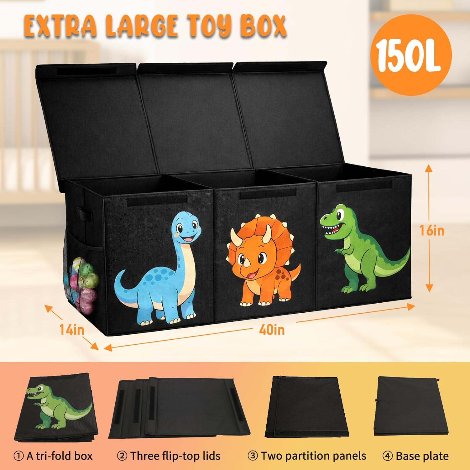 Extra Large Collapsible Toy Box Chest, Sturdy Dinosaur Toy Storage Organizer with Lids, 40"x16"x14", Toy Box for Boys Girls, Cute Kids Bin Baskets for Living Room, Playroom, Nursery, Bedroom, Black