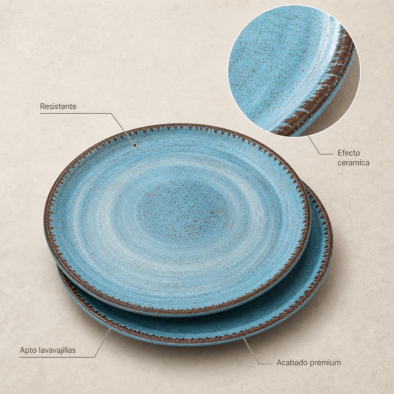 Pack 2 Platos Llanos Melamina 28 cm Azul Piedra | Efecto Cerámica Artesanal Rústica | Vajilla Ceracor Estilo Restaurante Resistente a Roturas, Apta Lavavajillas