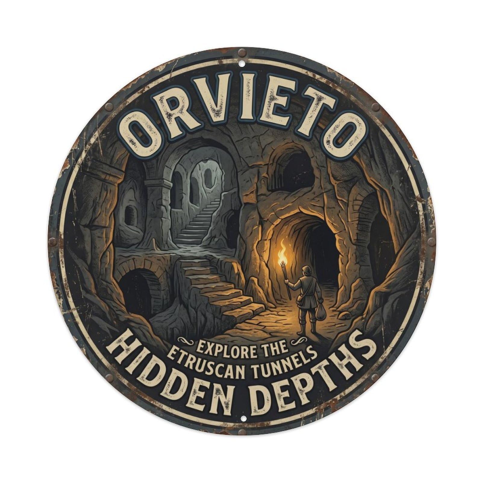 Vintage Travel Orvieto Underground Caves Metal Tin Sign Plaque Wall Decor for Cafe, Club Bar, Office, Home Garden Round Metal Poster 8x8Inch