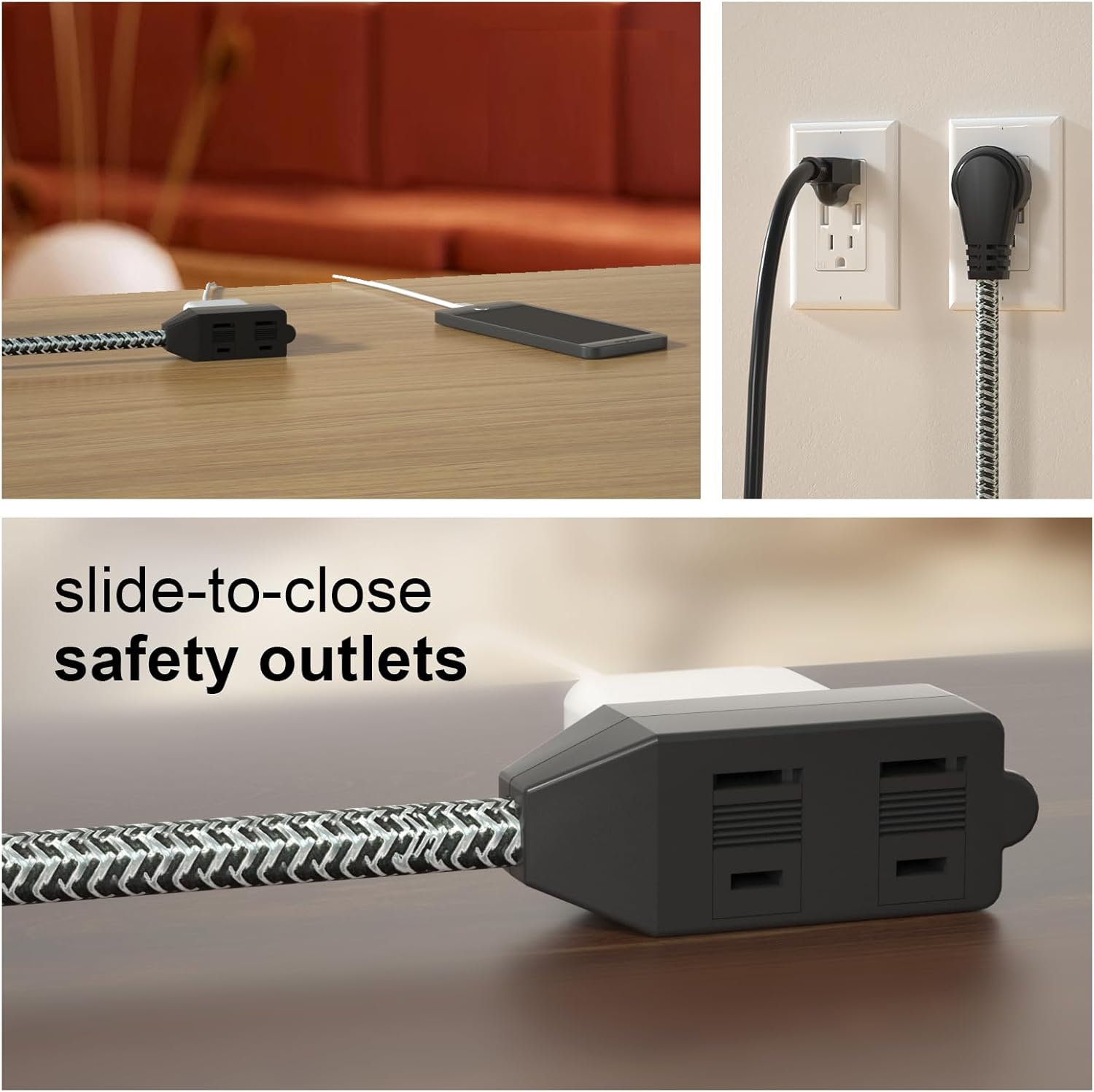 oviitech 2 Prong Outlet Extension Cord,2-Side 3 Sockets Power Strip,12 Ft Indoor Cord Power Strip,Braided Cord with Flat Plug,Gray/Black,3 Pack