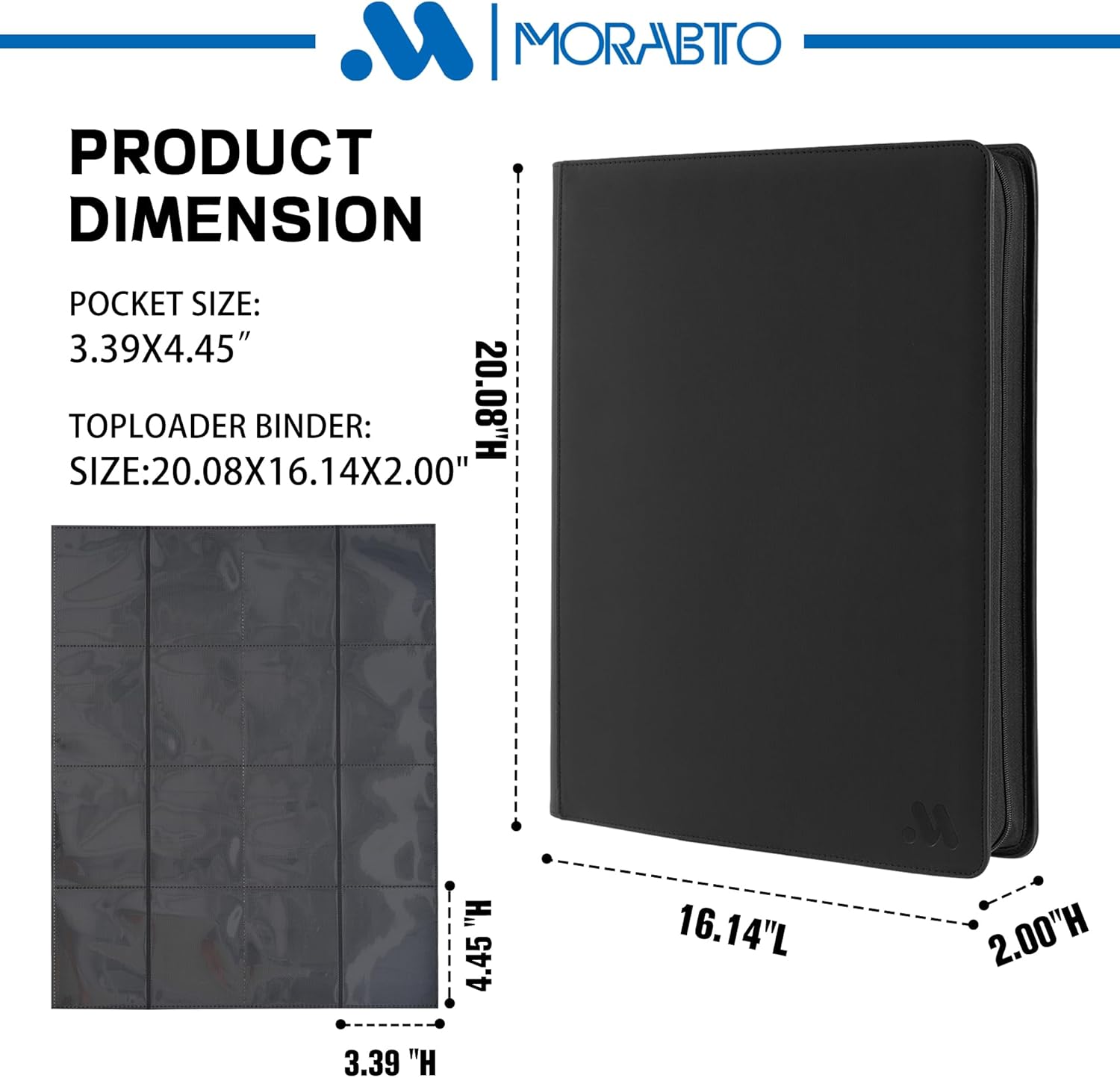 MORABTO 16 Pocket Toploader Binder, Holds 640 Top Loaders,Top Loader Binders for 3" x 4" Rigid Cards,Toploader Card Binder for Hard Plastic Top Loaders -Black Black Large