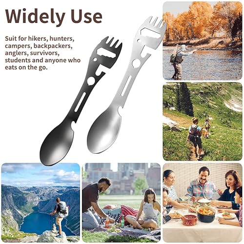 Miniatura 3 de Vajilla de campamento 10 en 1, paquete de 2 cucharas multifunción, cuchillo y tenedor de acero inoxidable, abridor de latas, llave de cuchillo