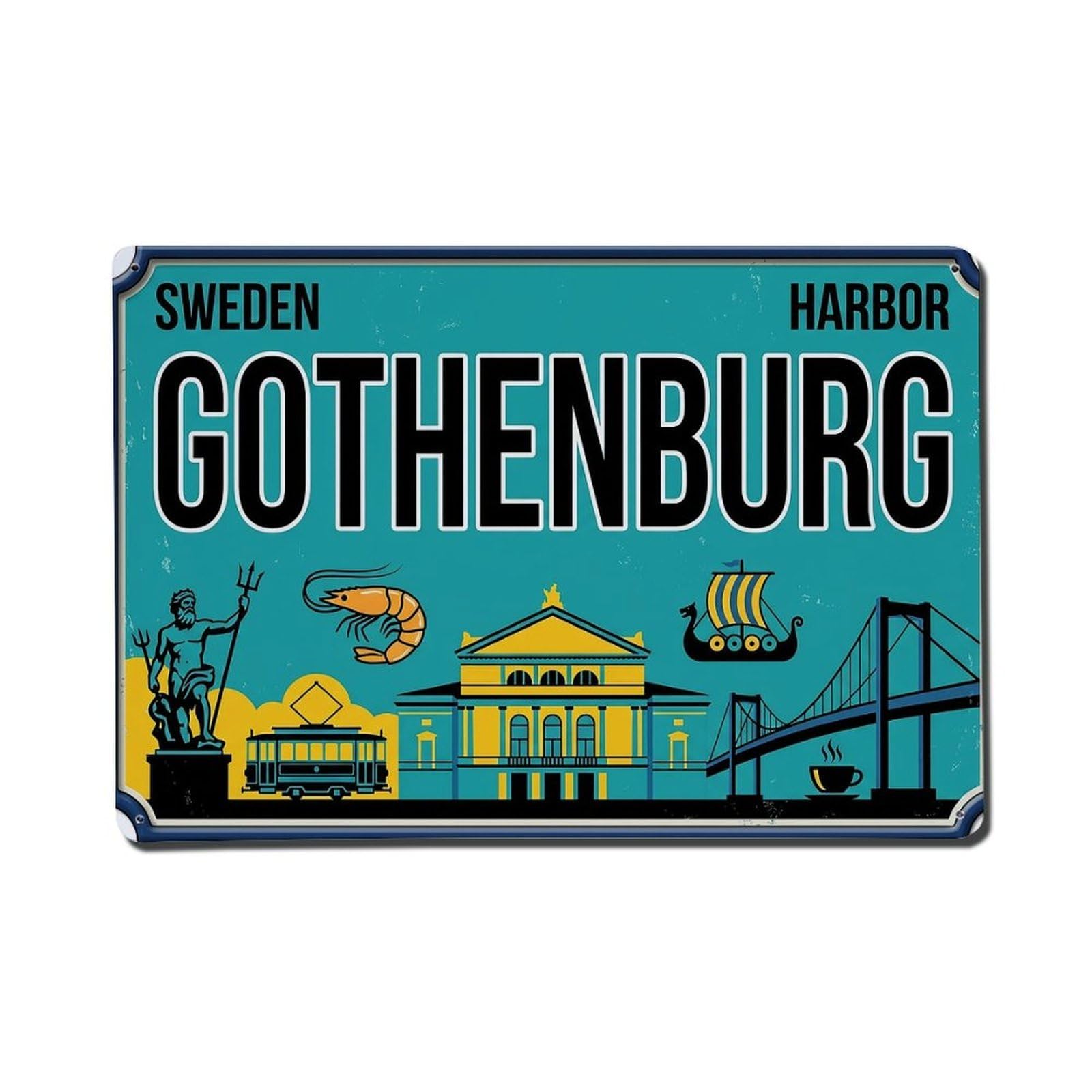 Cwbufd 8X12inch(20X30cm) Vintage Travel Gothenburg Harbor Tram Seafood Metal Tin Sign Plaque Wall Decor For Cafe, Club Bar, Office, Garden Metal Poster 8X12inch