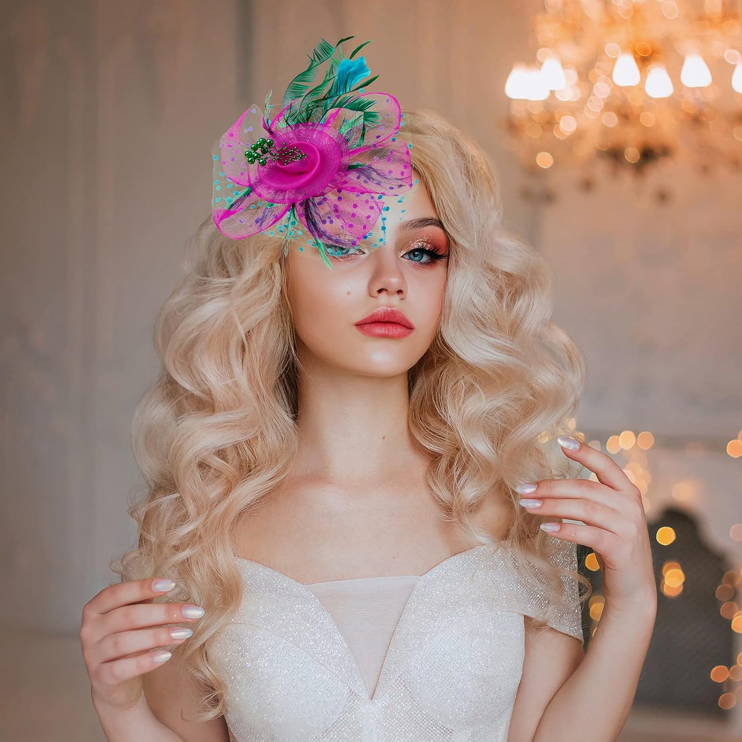 Yunsailing 8 Pcs Fascinators Hats for Women Tea Party Derby Hats Veil Feathers on a Headband and a Clip
