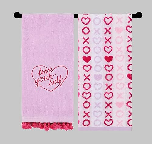 Miniatura 5 de SeasonsEasy Juego de 2 toallas de mano de baño de San Valentín toallas de terciopelo de algodón rosa morado con corazones de XOXO bordados para