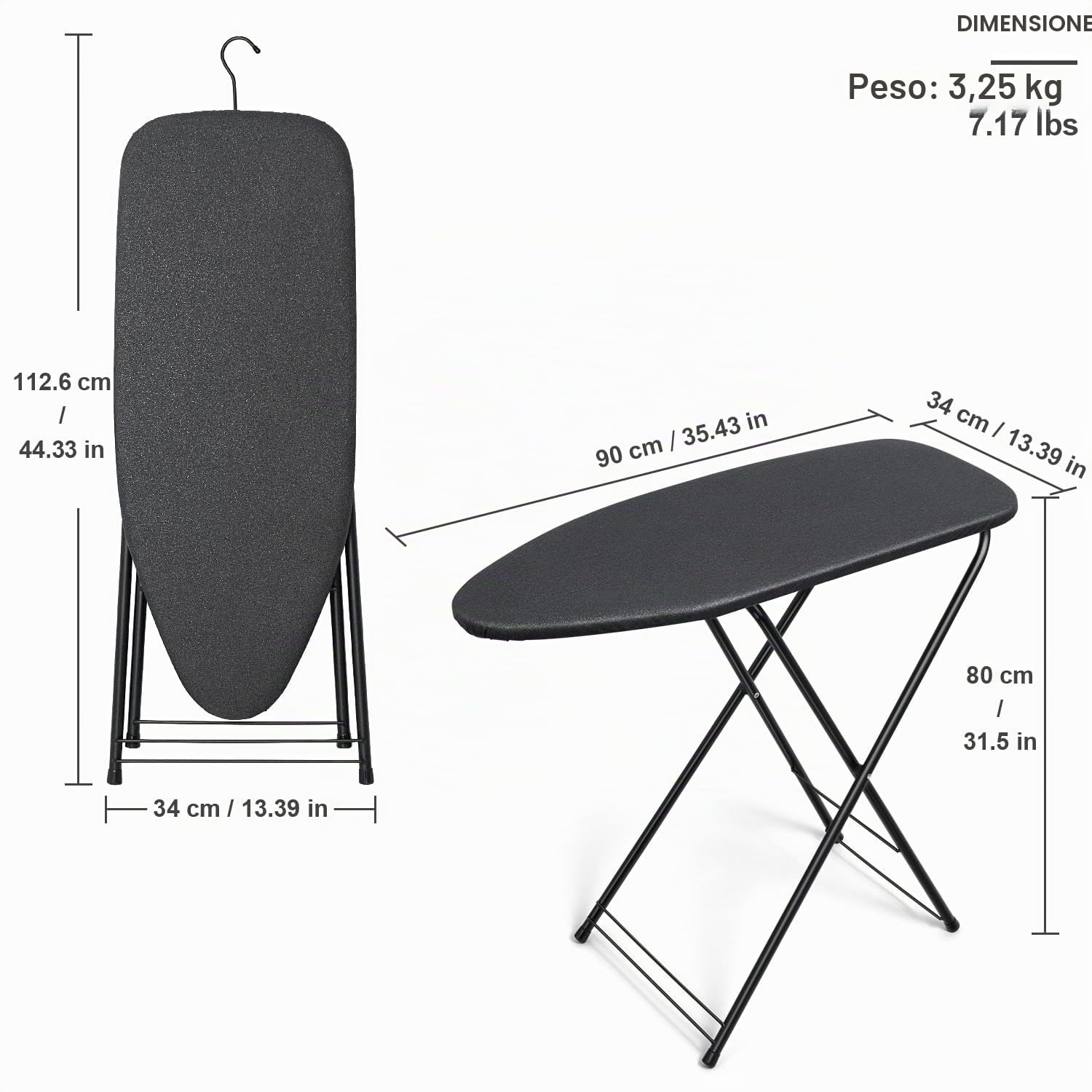 Duwee Tabla de Planchar de Altura Ajustable, Cubierta Resistente al Calor con Almohadilla de Fieltro Gruesa, compacta y fácil Almacenamiento,33 x 89 cm，Negro | Tabla de planchar pequeña con gancho para colgar, tabla de hierro con cubierta resistente al ca
