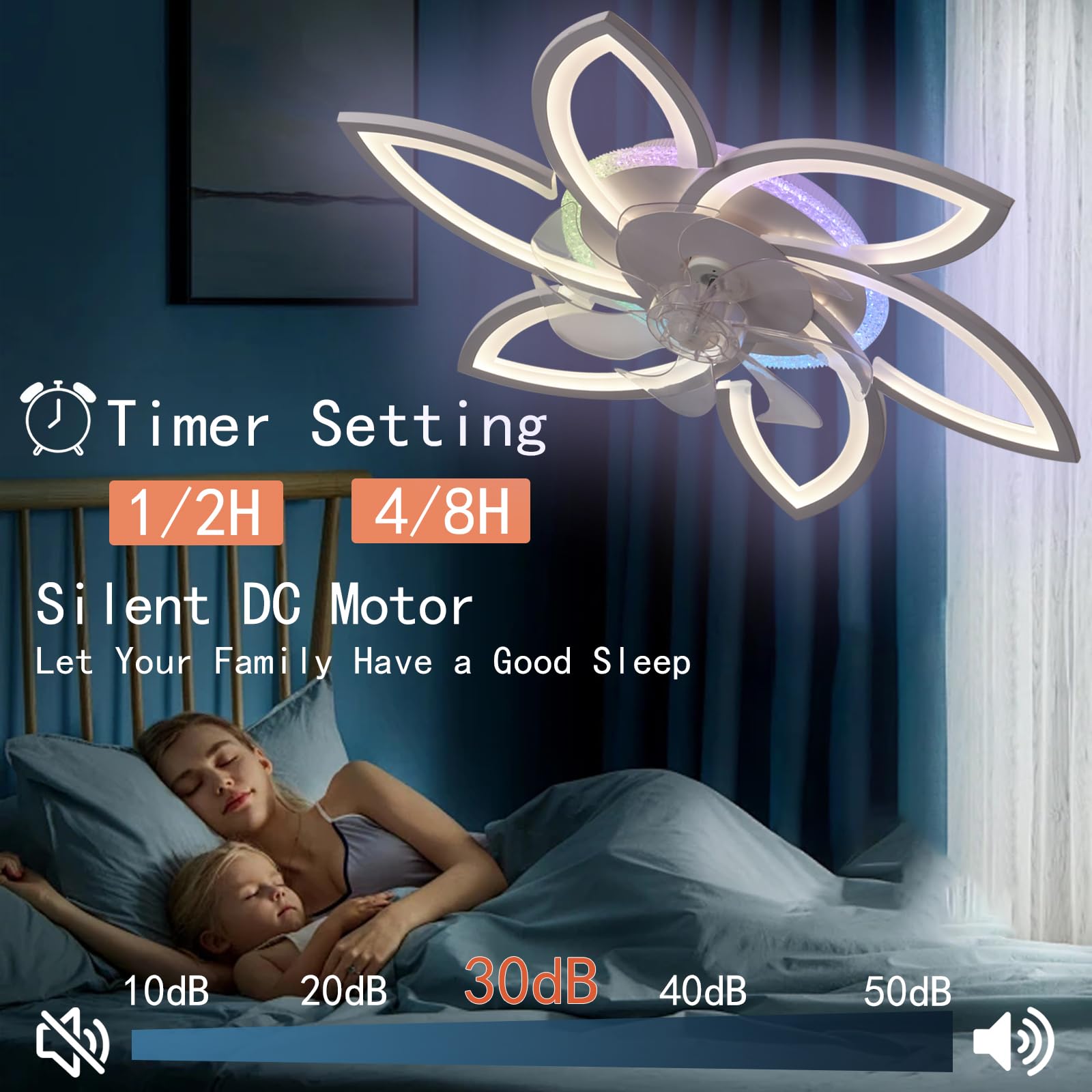 RGB Bluetooth Luces de Ventilador de Techo, LED Regulable Mute Iluminación Moderna con Mando a Distancia Adecuado para Dormitorio Salón Cocina Habitación Infantil Fiesta Blanco -87CM