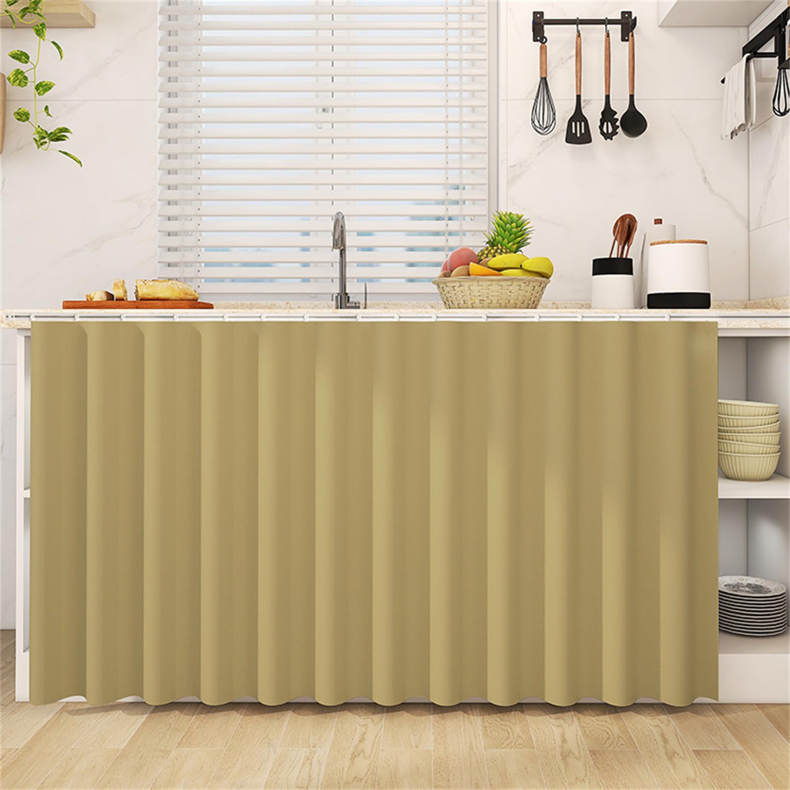 Highdi Cupboard Short Curtain Kitchen, Hide Away Small Curtains for Kitchen Cupboard Door - No Drilling Is Required with Hook and Loop for Under Sink-Solid Colour (Golden Green,100 * 140cm)