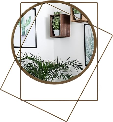 Uniquewise Círculo decorativo con marco de metal dorado de 2 cuadrados montado en la pared espejo moderno sala de estar dormitorio tocador entrada