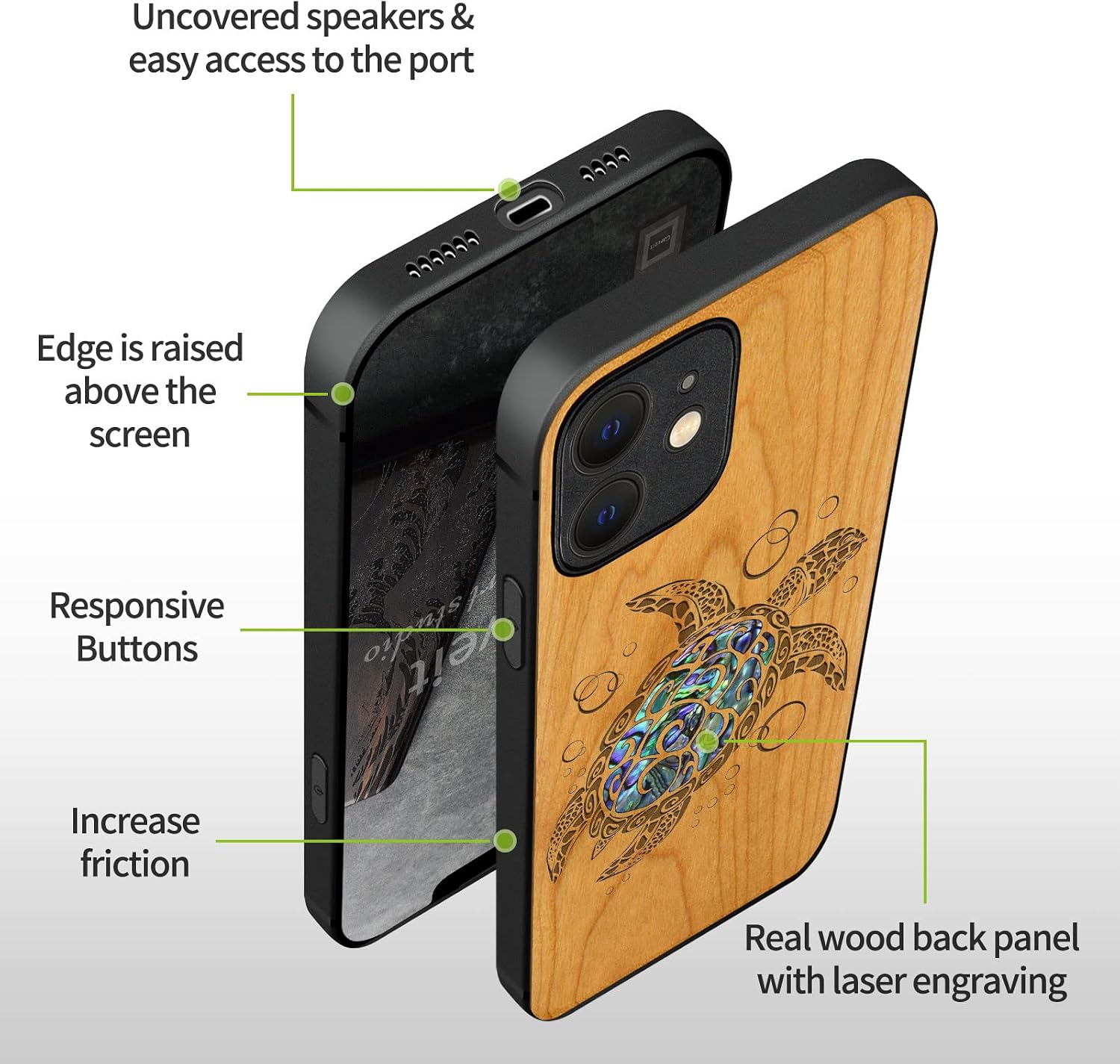 Carveit Designer Wooden Protective Case for iPhone 12 Magnetic Cover [Wood Engraving & Shell Inlay] Wood Phone Case Compatible with iPhone 12 MagSafe 6.1 Inch (Sea Turtle-Cherry)