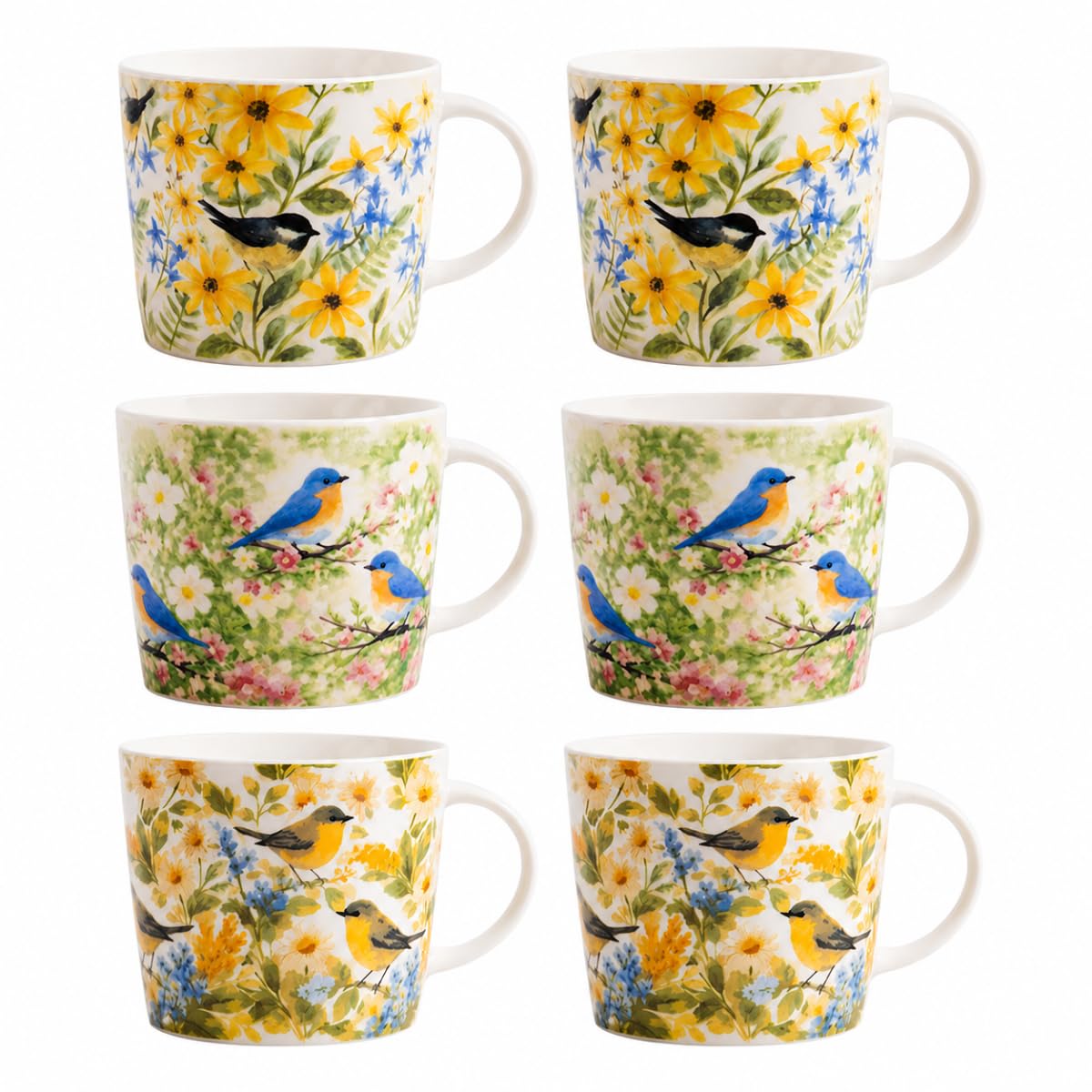 Set of 6 New Bone China Bird & Floral Mugs 350ml – Assorted Garden Wildlife Tea Coffee Cups with 3 Nature Inspired Designs – 10cm x 9cm Decorative Mug Set Microwave & Dishwasher Safe