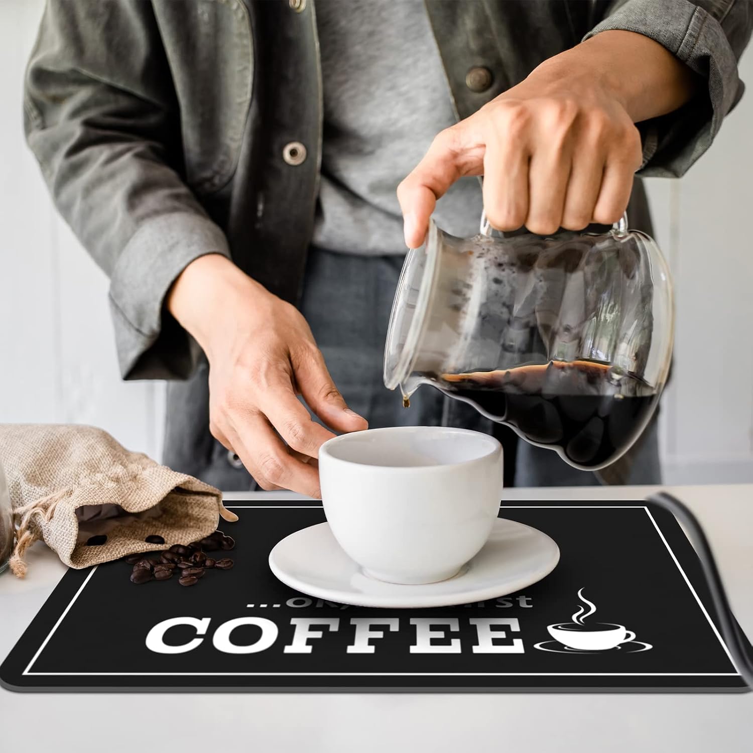 Queekay Coffee Bar Mat for Counter 24" x 16", Classic Style, Black