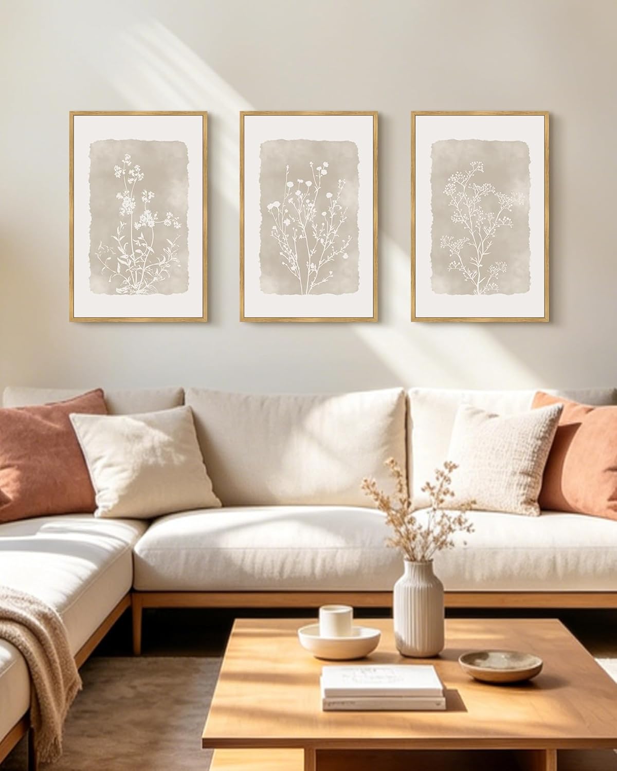 KUVIOKE Boho Botanical Flower Wall Art Framed Vintage Floral Wall Prints Wildflower Neutral Rustic Bohemain Artwork Kitchen Bedroom Decor 16x24in (Natural Framed)