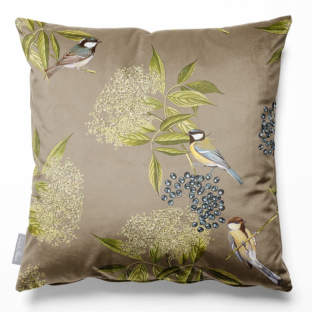 Izabela Peters Bird On Elderflower - Taupe Eco-Friendly Velvet Cushions - Filled, 45 Cm, Chair & Sofa Seat Cushions