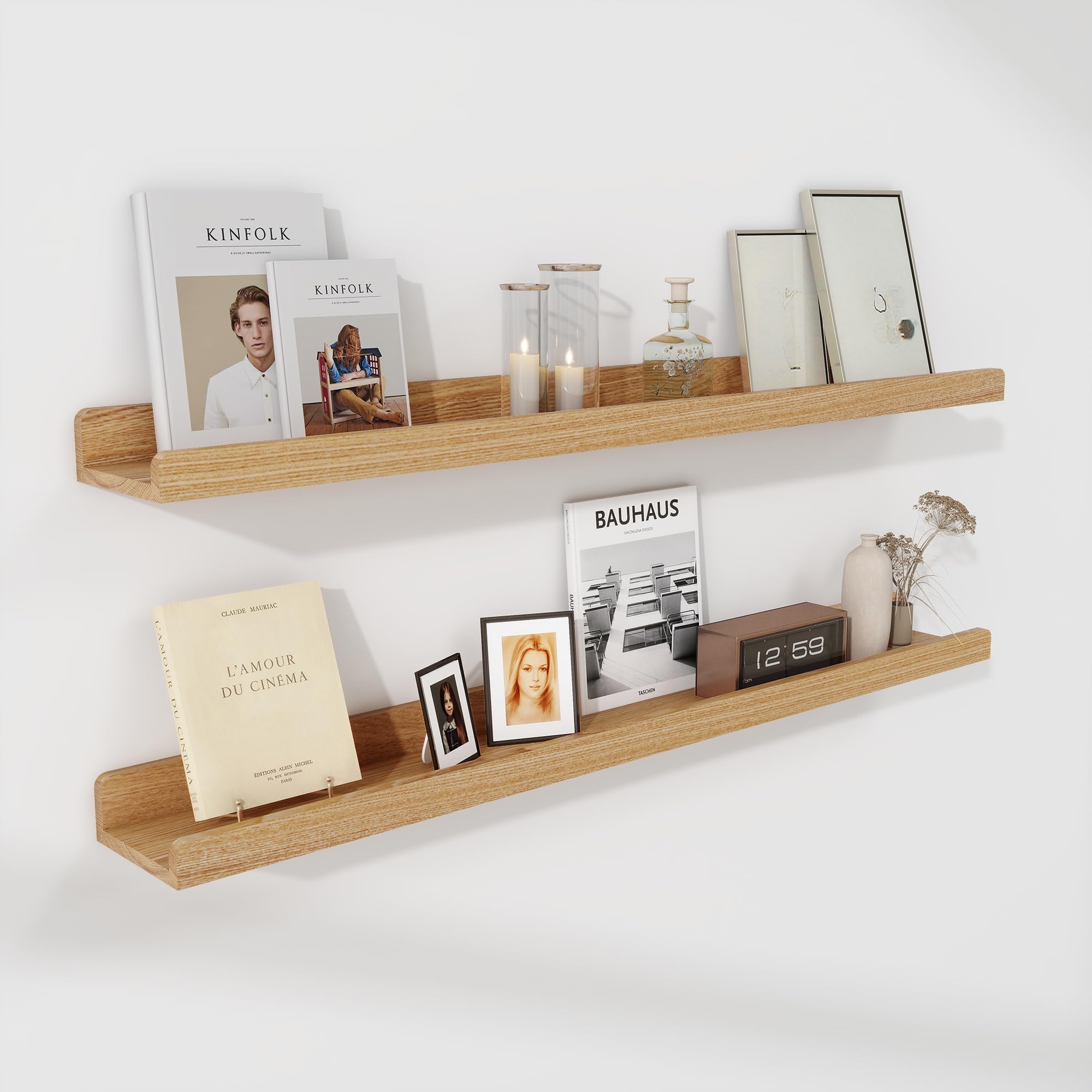 FLYJOE Estante para fotos, juego de 2 estantes flotantes de madera de fresno maciza, estantes flotantes de madera natural de 36 pulgadas con borde, estante largo para fotos para pared con repisa,