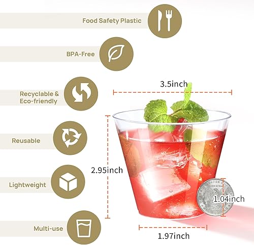 Miniatura 4 de 100 vasos desechables de 9 onzas, vasos desechables para fiestas, vasos de 9 onzas para sentadillas, vasos de plástico duro transparente para