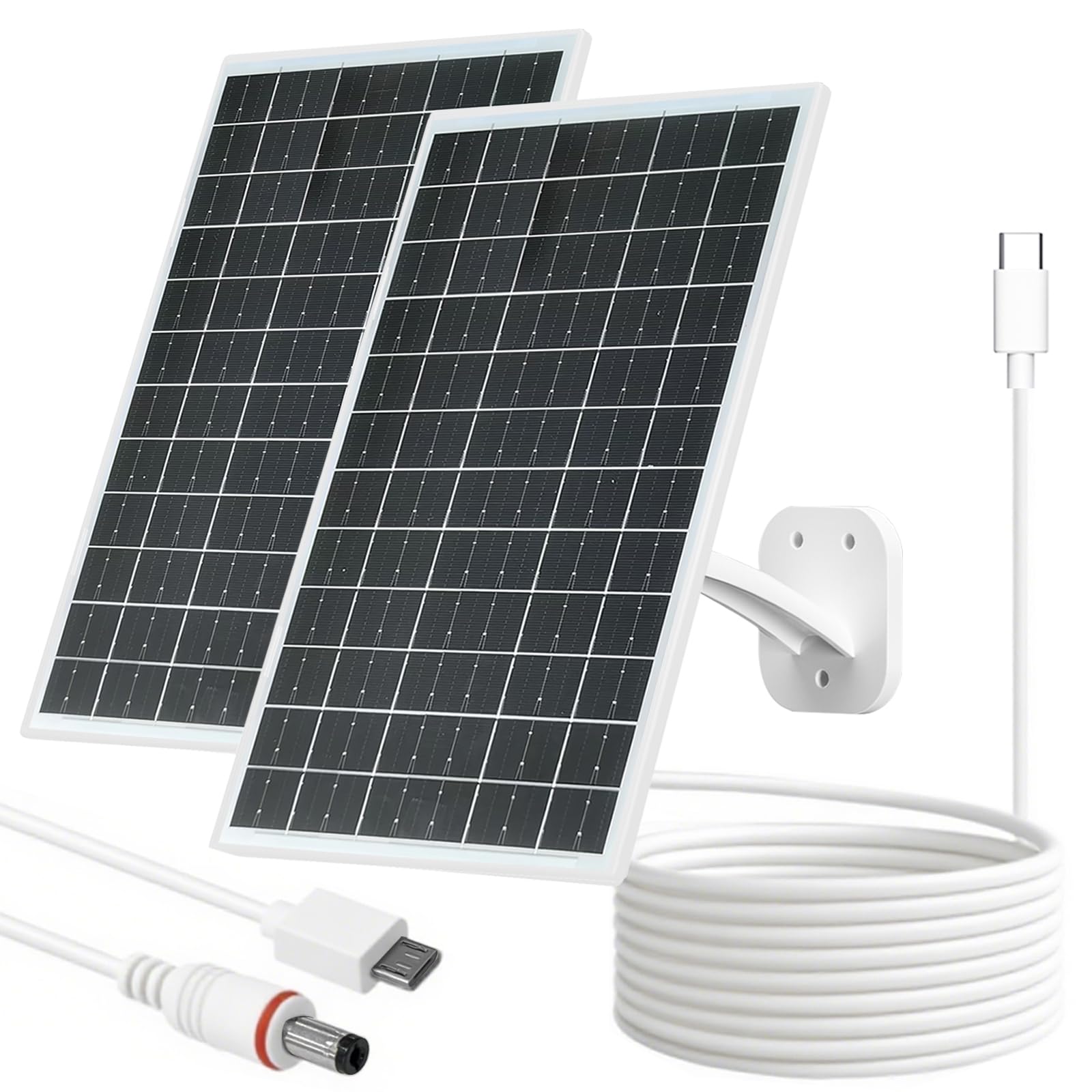 FUTUREZEN Panel solar de 13 W para cámaras de seguridad y cámaras de sendero, USB-C, micro USB y salida CC de 5,5 x 2,1 mm, impermeable IP66, montaje ajustable de 360°, cable de 7.2 pies, paquete de 2