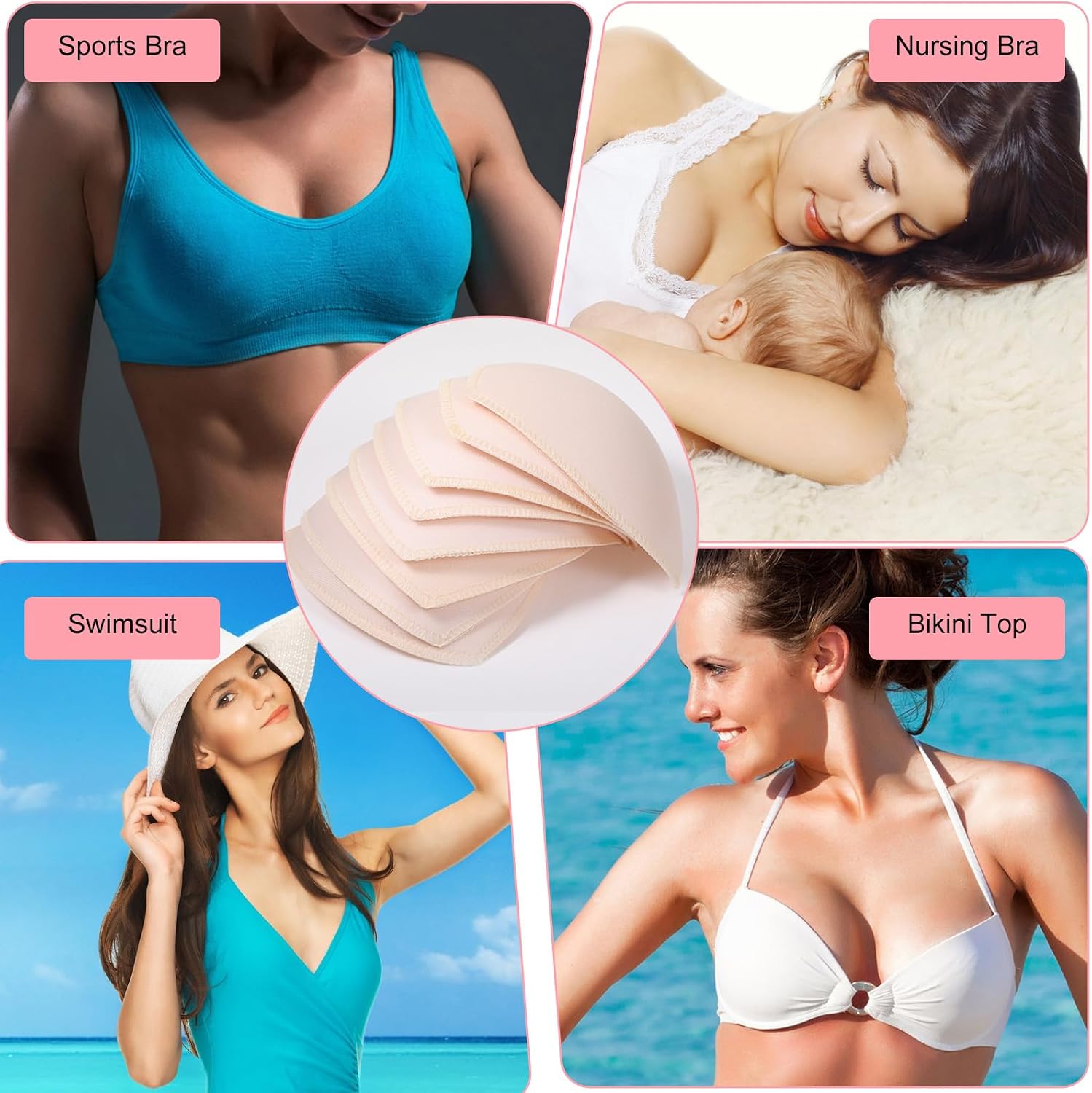 4 Pairs Triangle Bra Inserts Sports Bra Pads Inserts Sewn Edges Removable Sports Bras Pads Breathable Silhouette Breast Enhancers Insert for Dresses Swimsuits Bikini Bathing Suit Beige