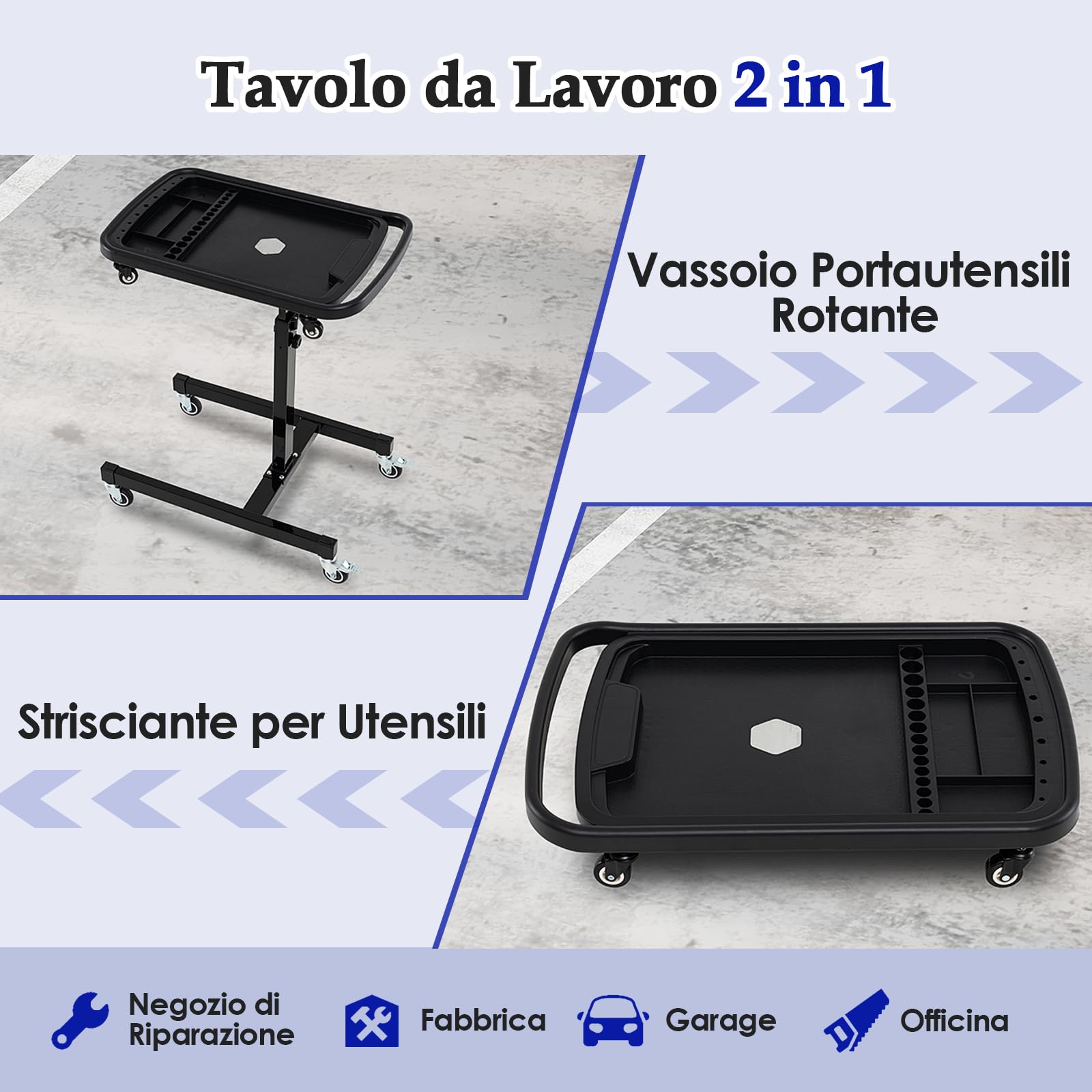 GYMAX Vassoio Portautensili Rotante, Tavolo da Lavoro 2 in 1 e Carrello Portautensili con Ruote, Vassoi Magnetici per Parti, Carrello Portautensili con Altezza Regolabile, Stazione di Lavoro